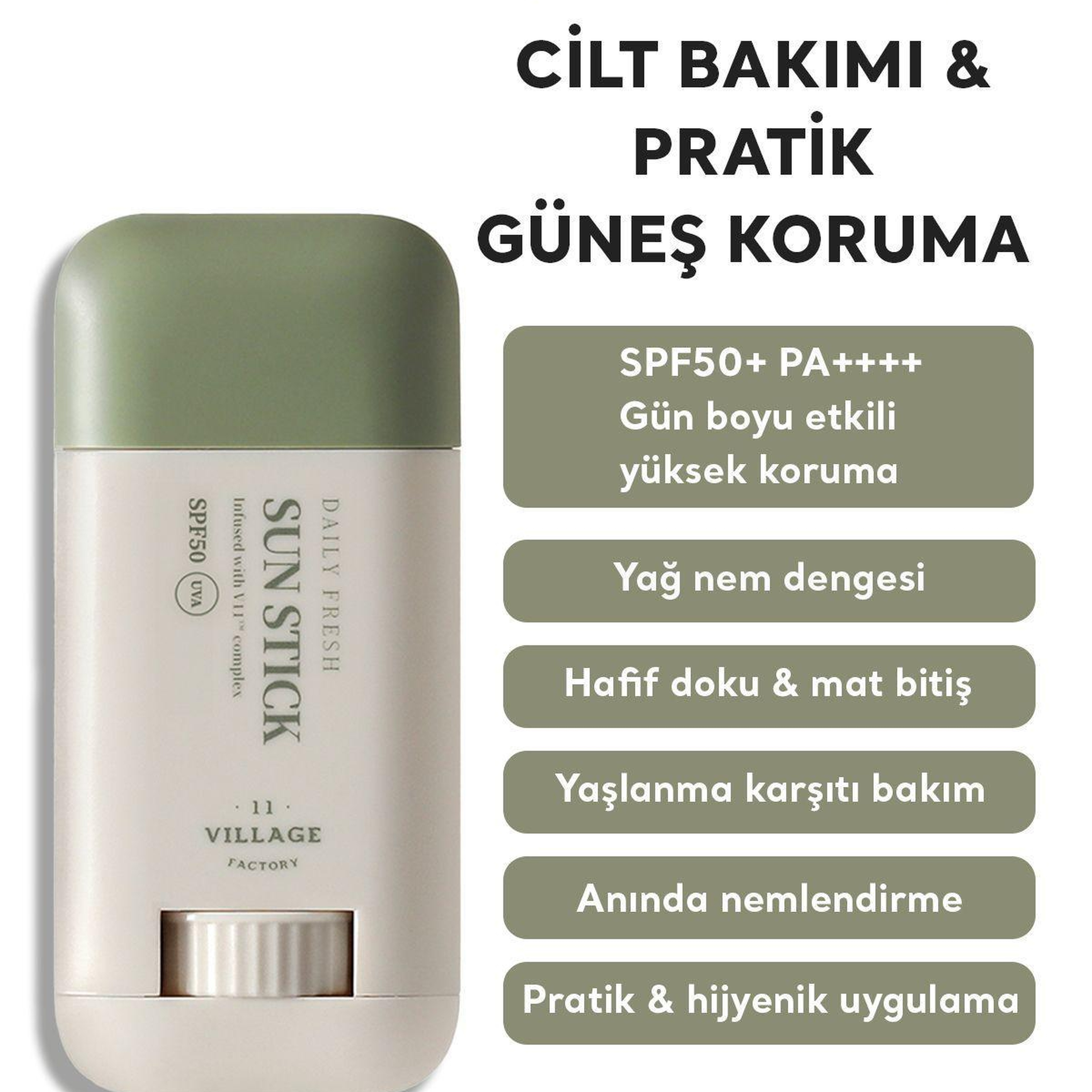 Village 11 Factory Daily Fresh Sun Stick SPF50+ PA++++ 20g - Yüksek UV Korumalı E Vitamini Nemlendirici Vegan Stick Güneş Koruyucu