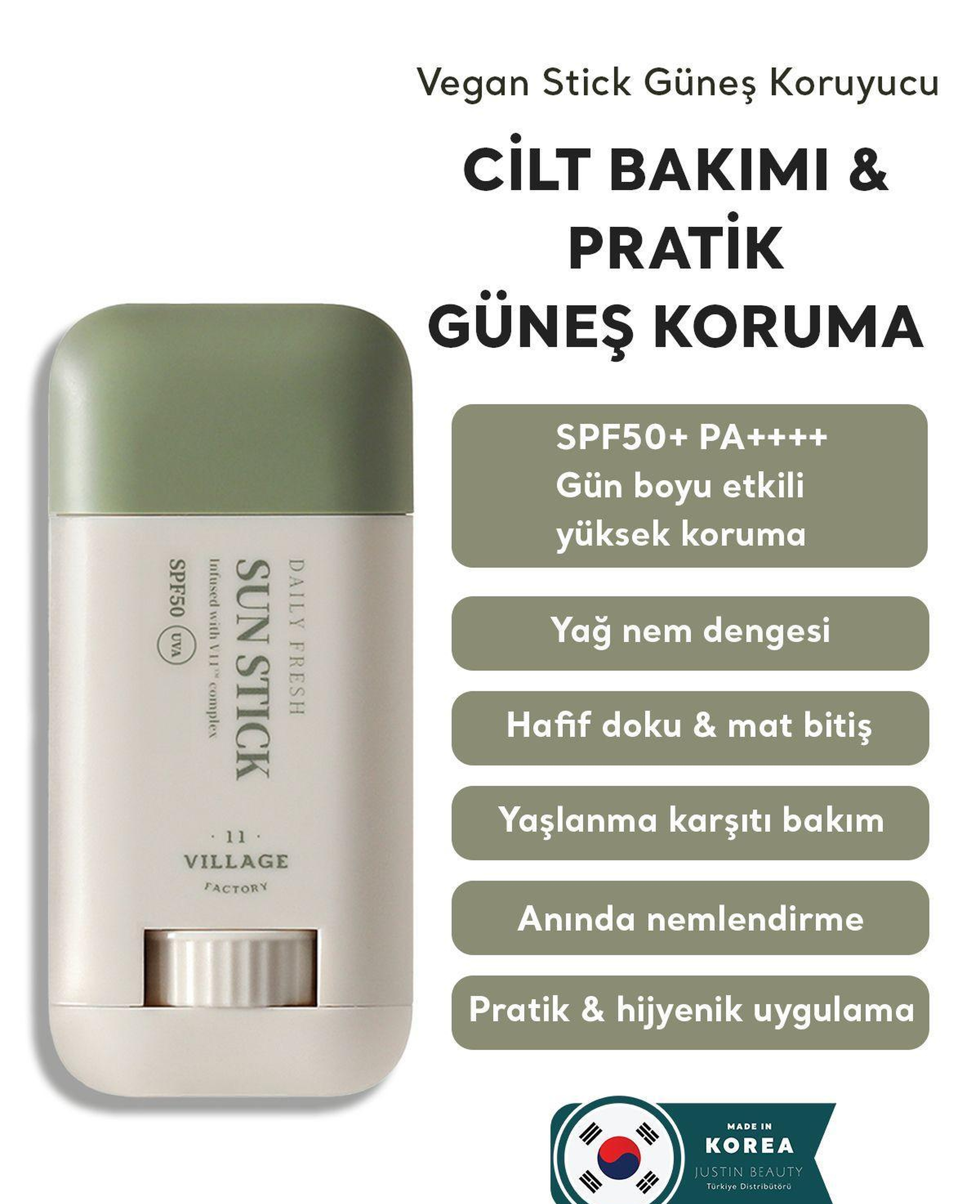 Village 11 Factory Daily Fresh Sun Stick SPF50+ PA++++ 20g - Yüksek UV Korumalı E Vitamini Nemlendirici Vegan Stick Güneş Koruyucu