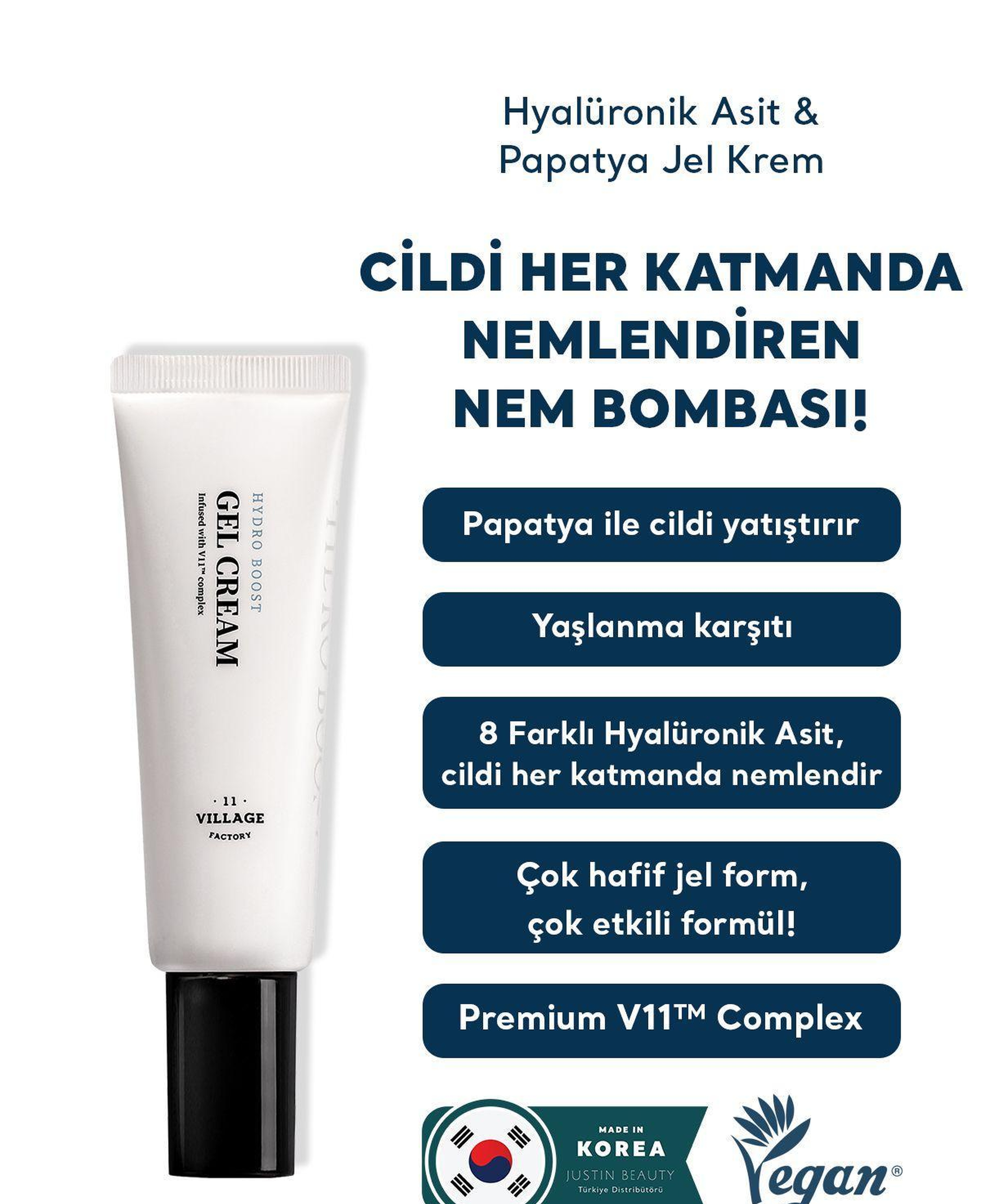 Village 11 Factory Hydro Boost Gel Cream 50ml - Vegan Nem Bombası 8 Farklı Hyalüronik Asitli Nemlendirici Jel Krem