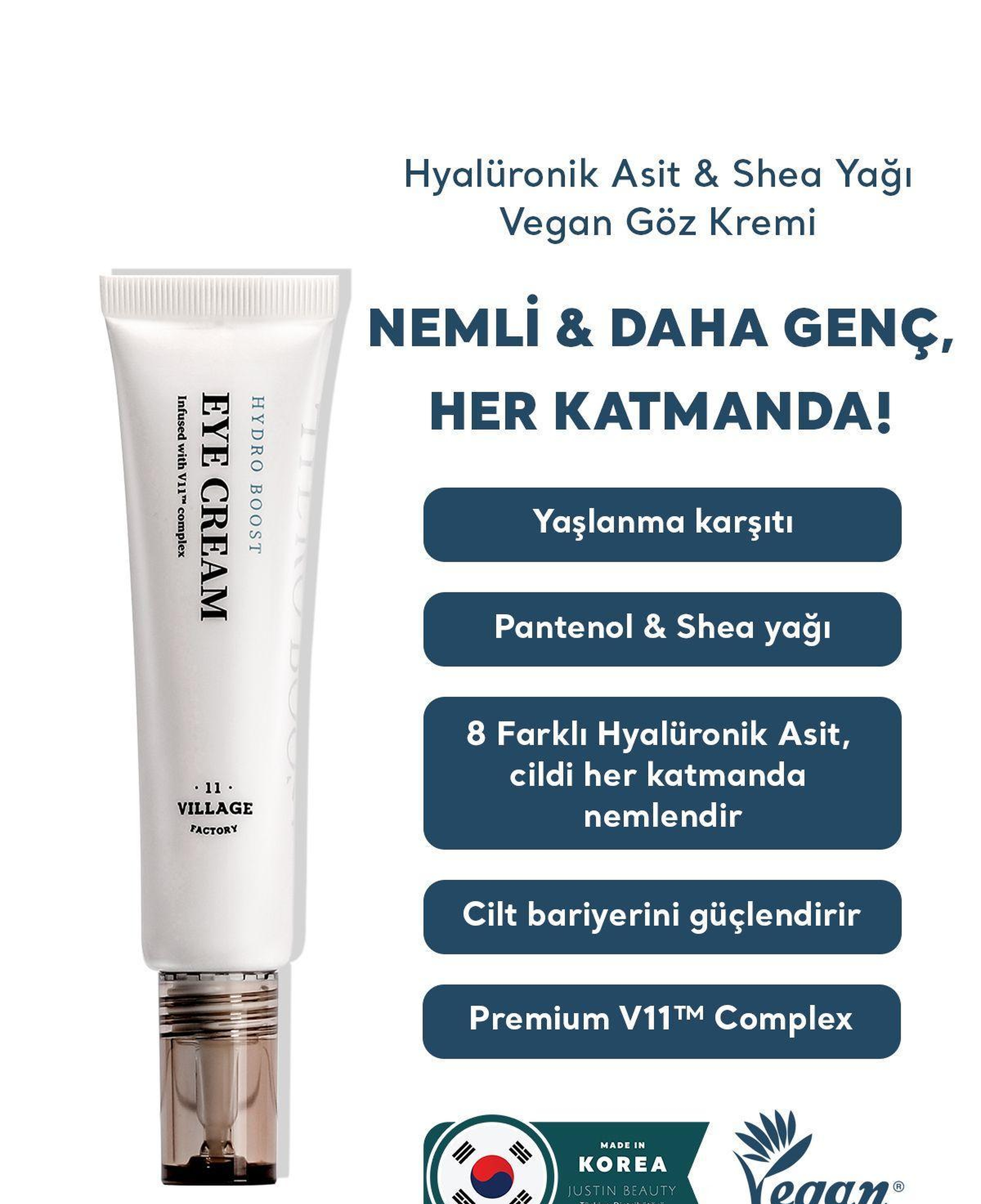 Village 11 Factory Hydro Boost Eye Cream 25ml - Nemlendirici Yaşlanma Karşıtı Vegan Hyalüronik Asit Göz Kremi
