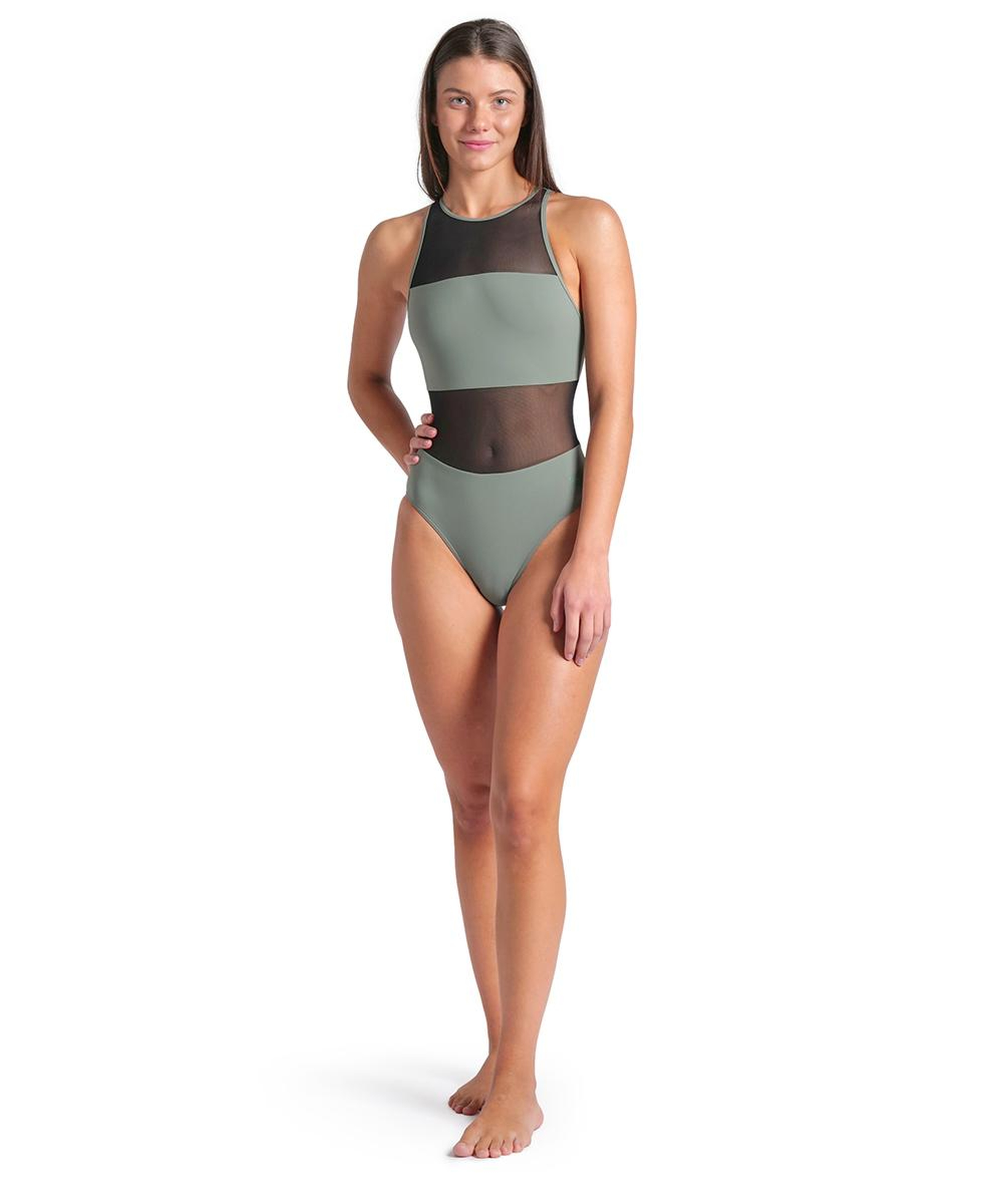 Mesh Panels Swimsuit Vent Back Kadın Gri Yüzücü Mayosu 006658600