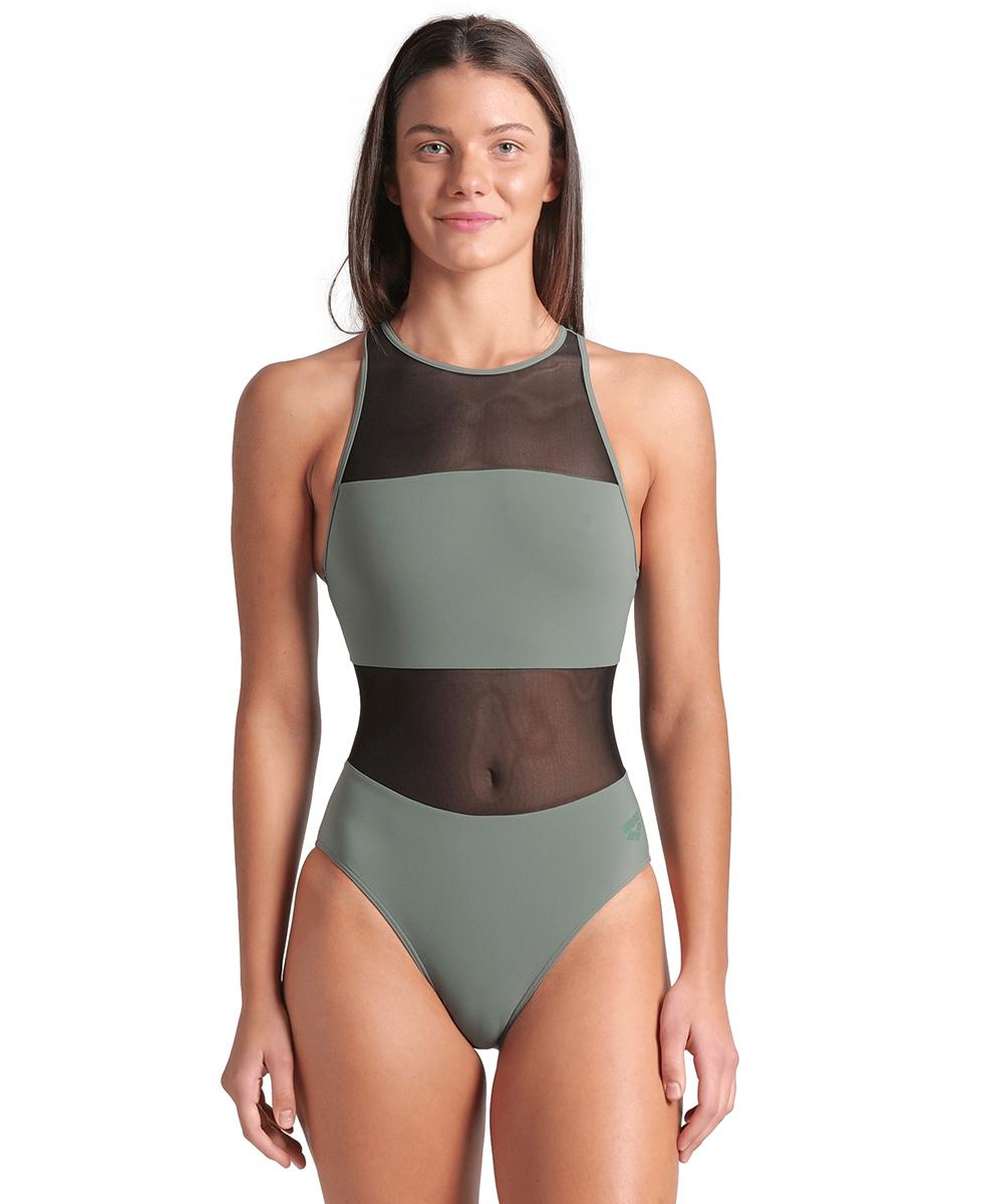 Mesh Panels Swimsuit Vent Back Kadın Gri Yüzücü Mayosu 006658600