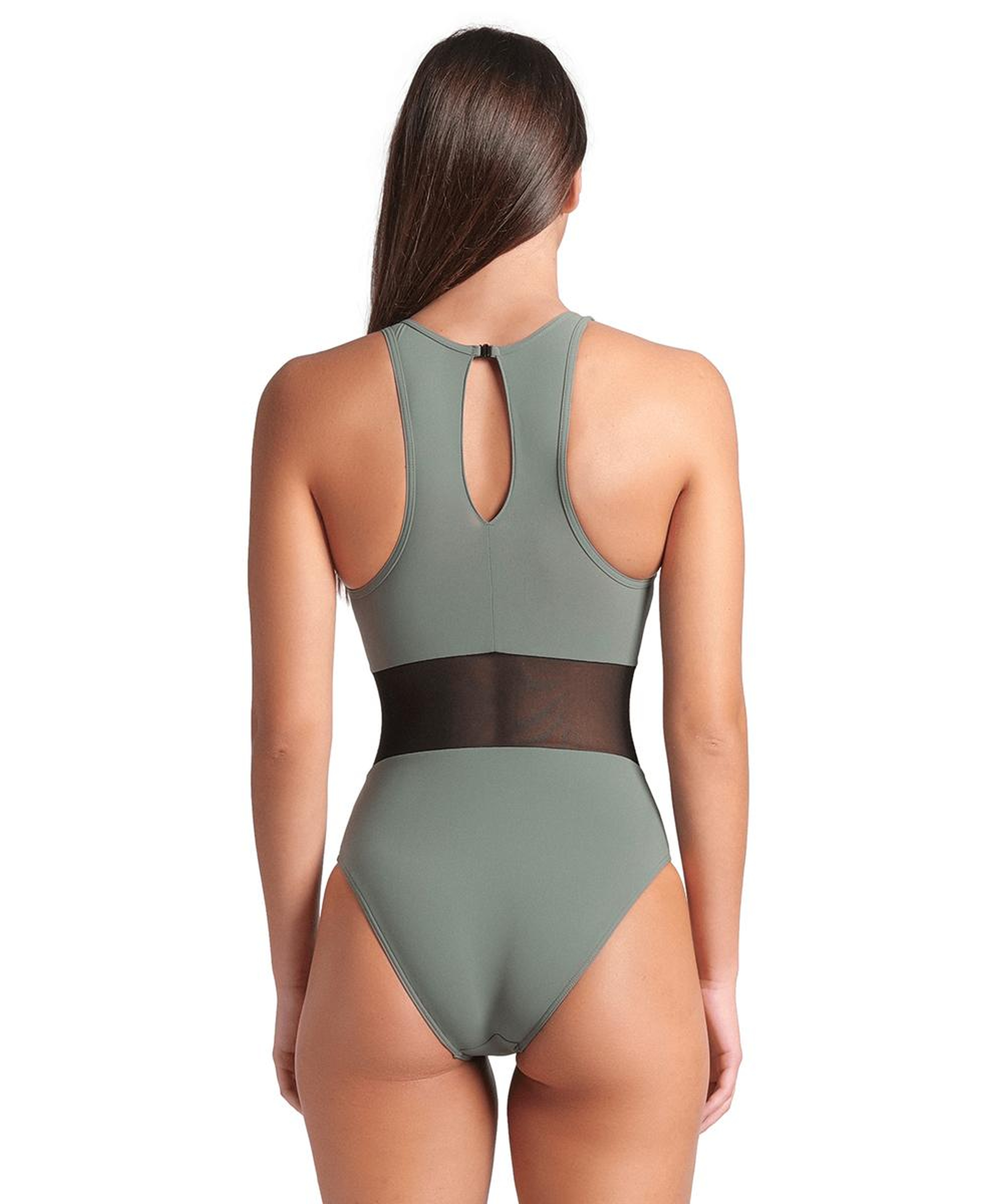 Mesh Panels Swimsuit Vent Back Kadın Gri Yüzücü Mayosu 006658600