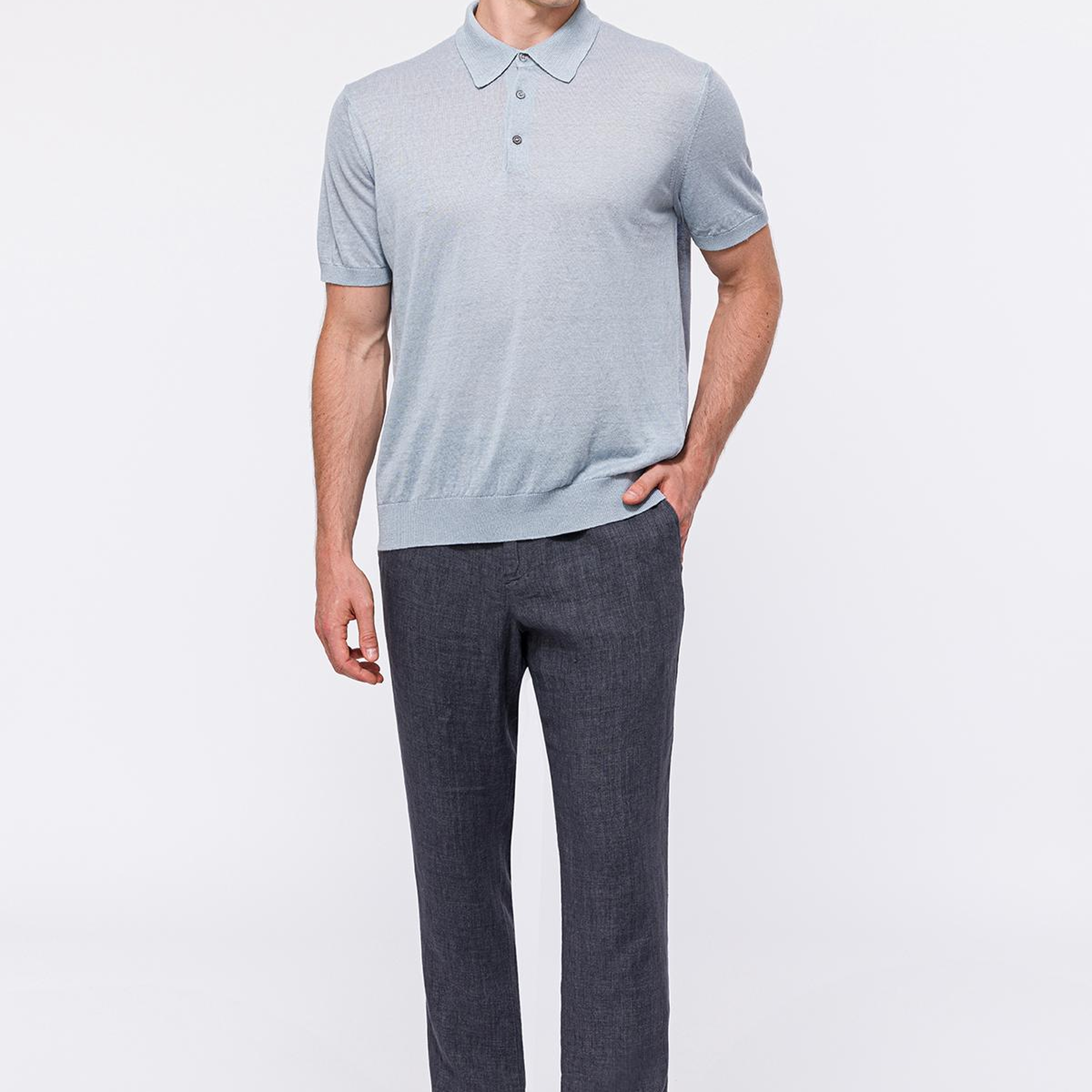 Erkek Gri Keten Kısa Kollu Polo Yaka Kazak