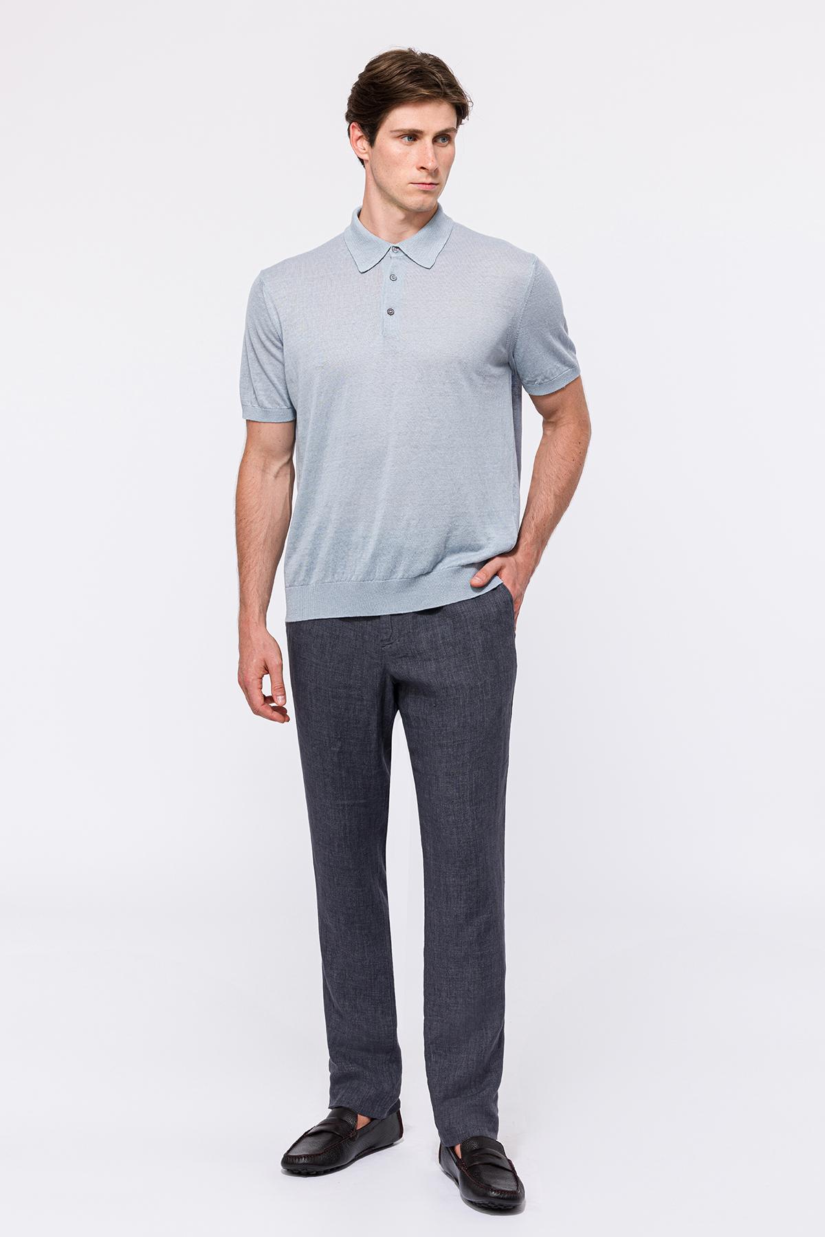 Erkek Gri Keten Kısa Kollu Polo Yaka Kazak