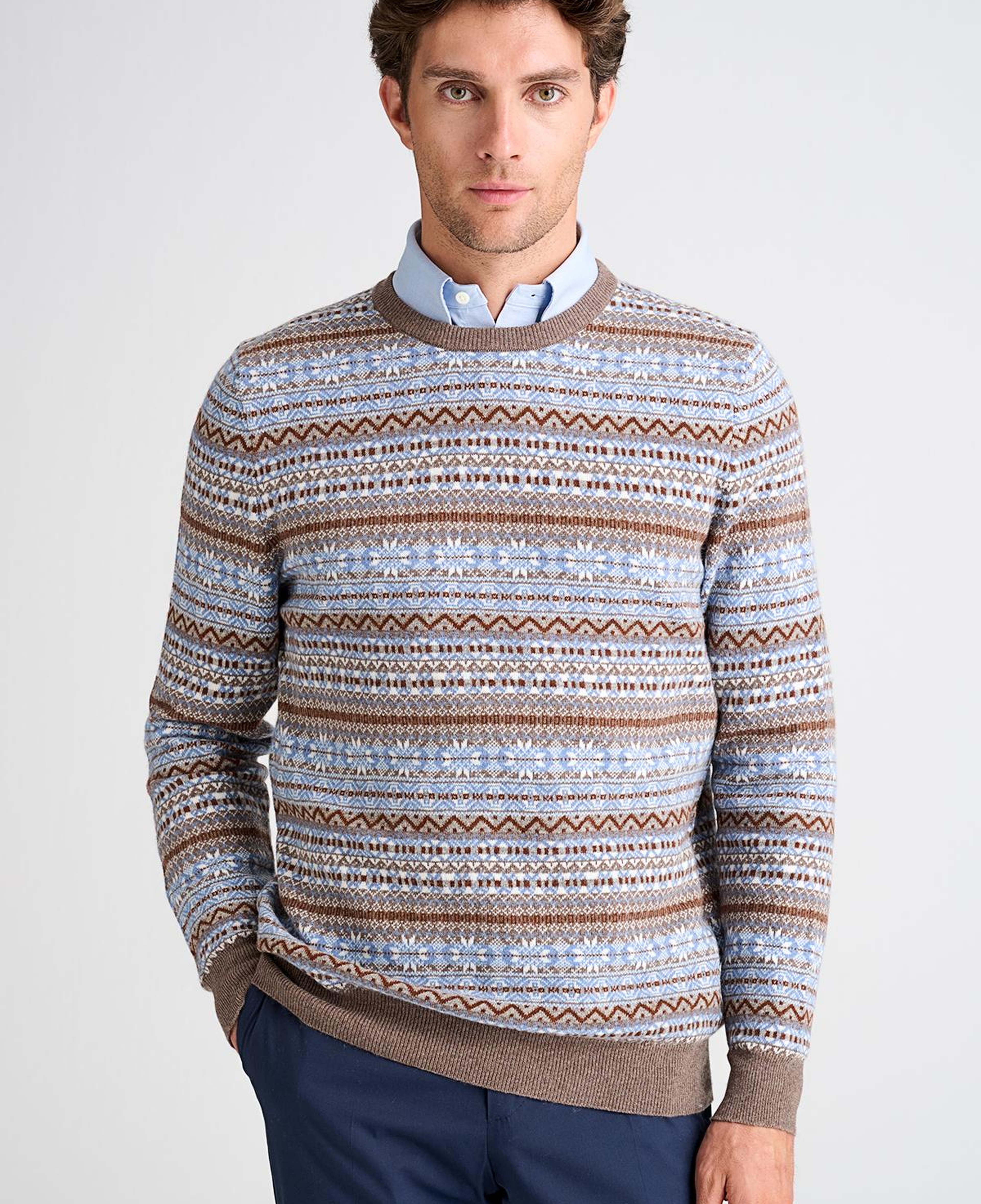 Erkek Kahverengi Bisiklet Yaka Desenli Lambswool Kazak