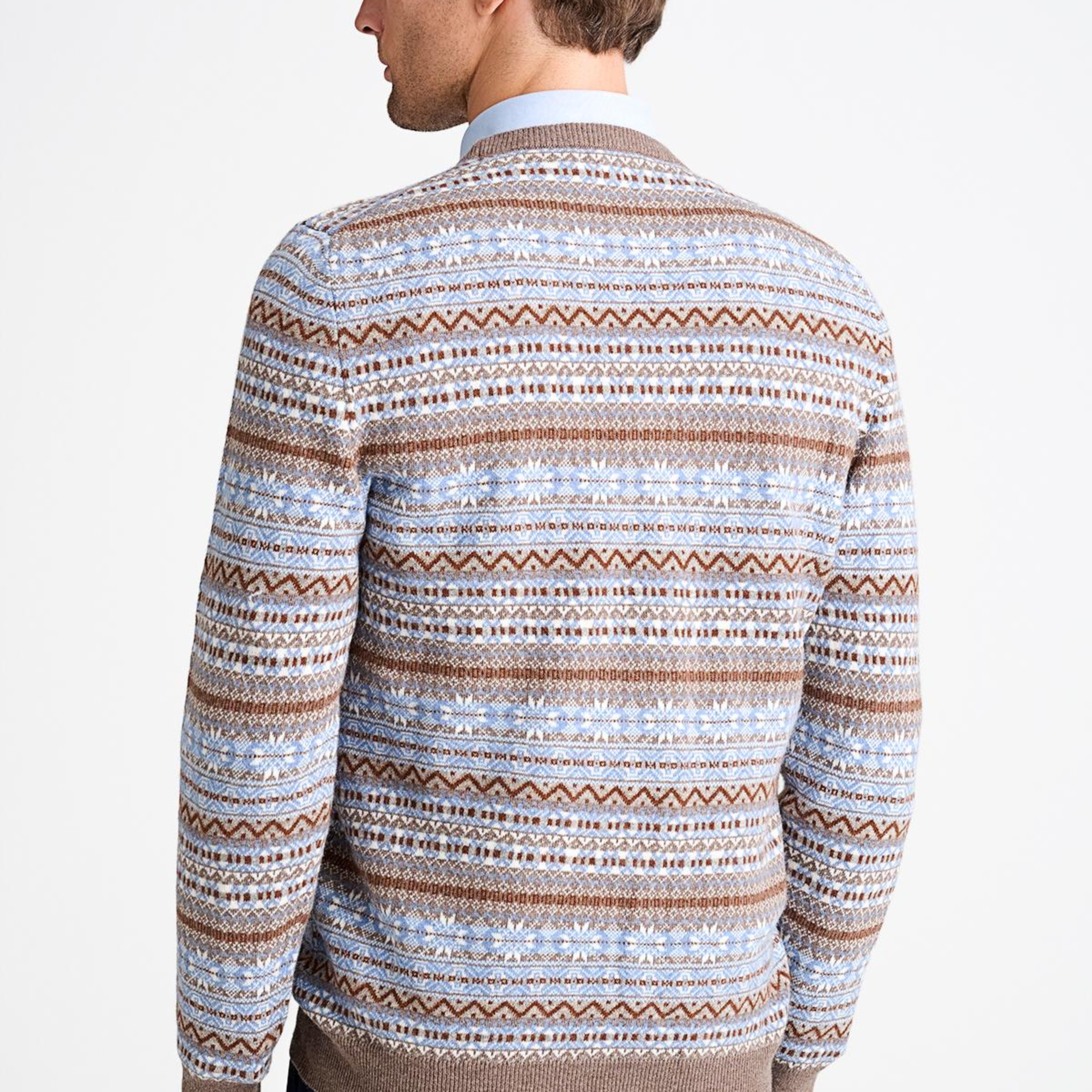 Erkek Kahverengi Bisiklet Yaka Desenli Lambswool Kazak