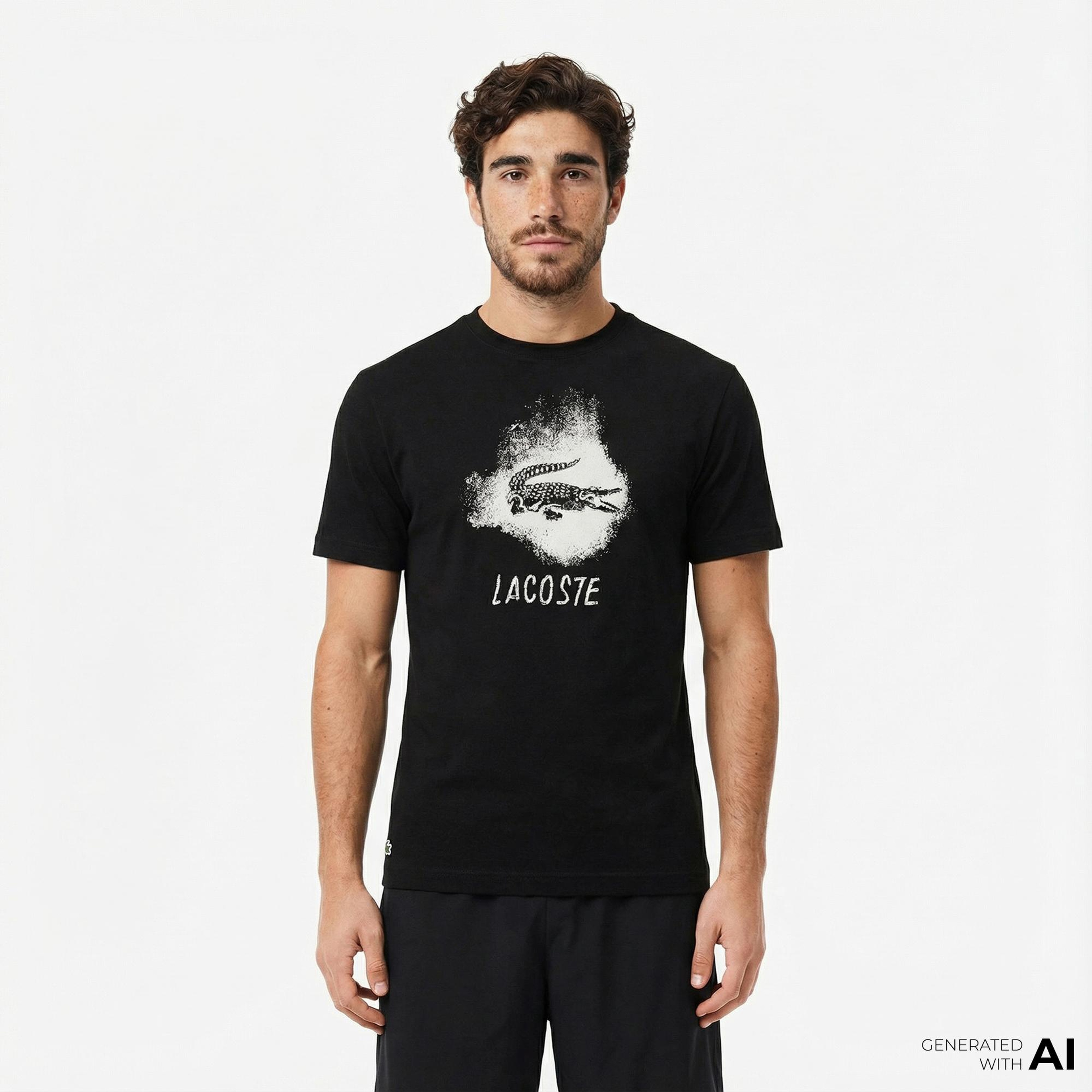 Lacoste Erkek Regular Fit Bisiklet Yaka Baskılı Siyah T-Shirt