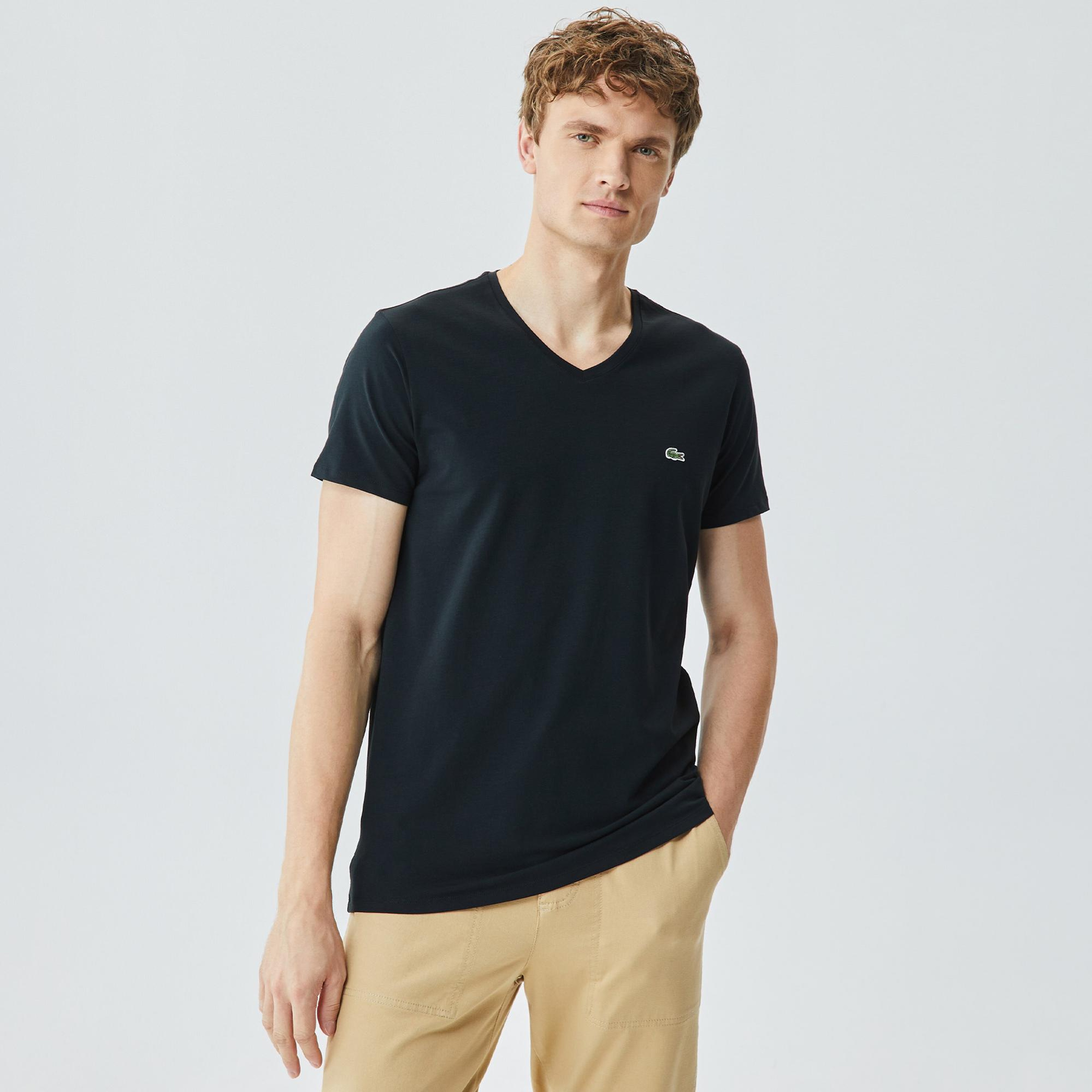 Lacoste Erkek Slim Fit V Yaka Siyah T-Shirt