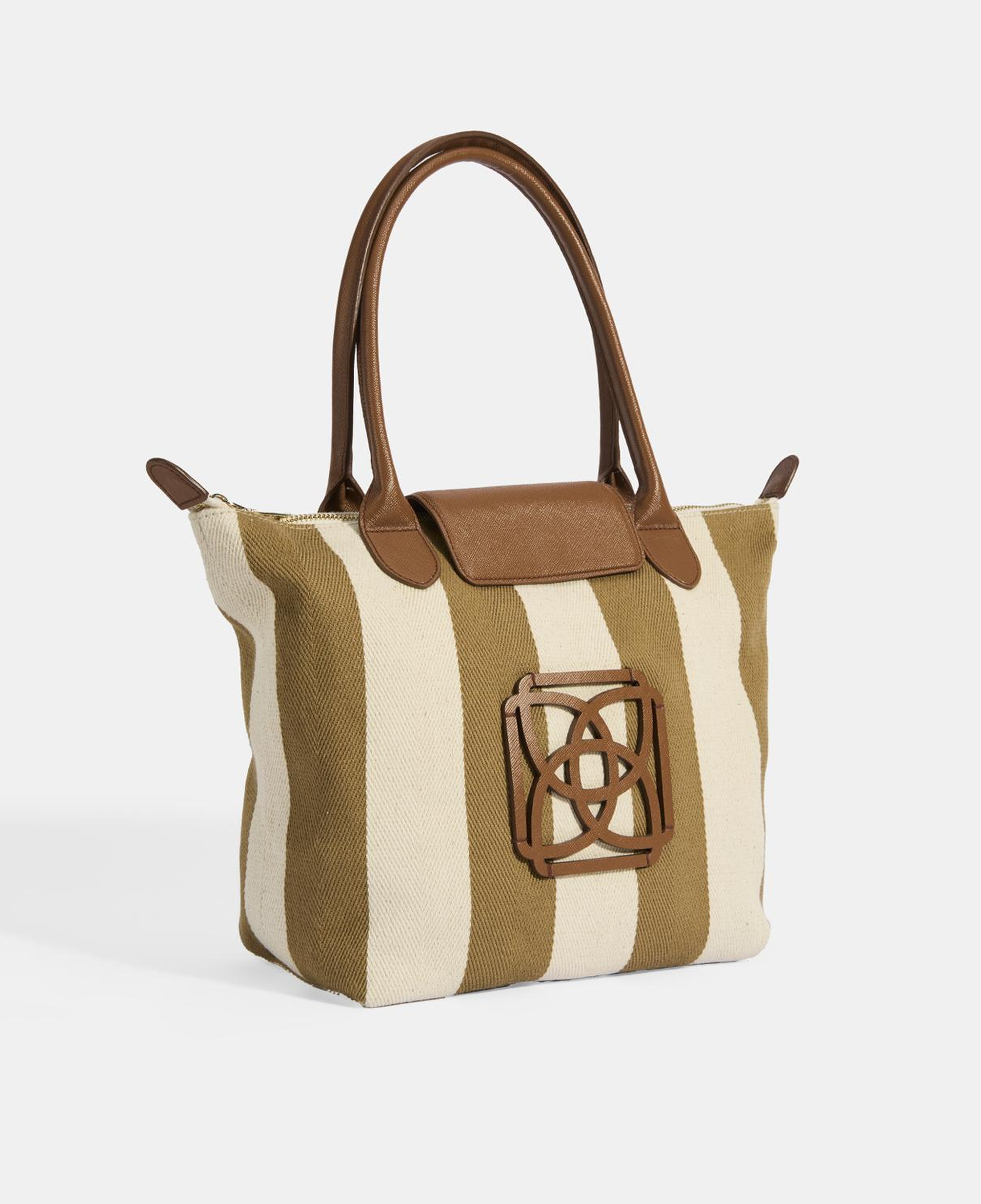 Kadın Monogram Logolu Vizon Çizgili Kumaş Midi Omuz Çantası