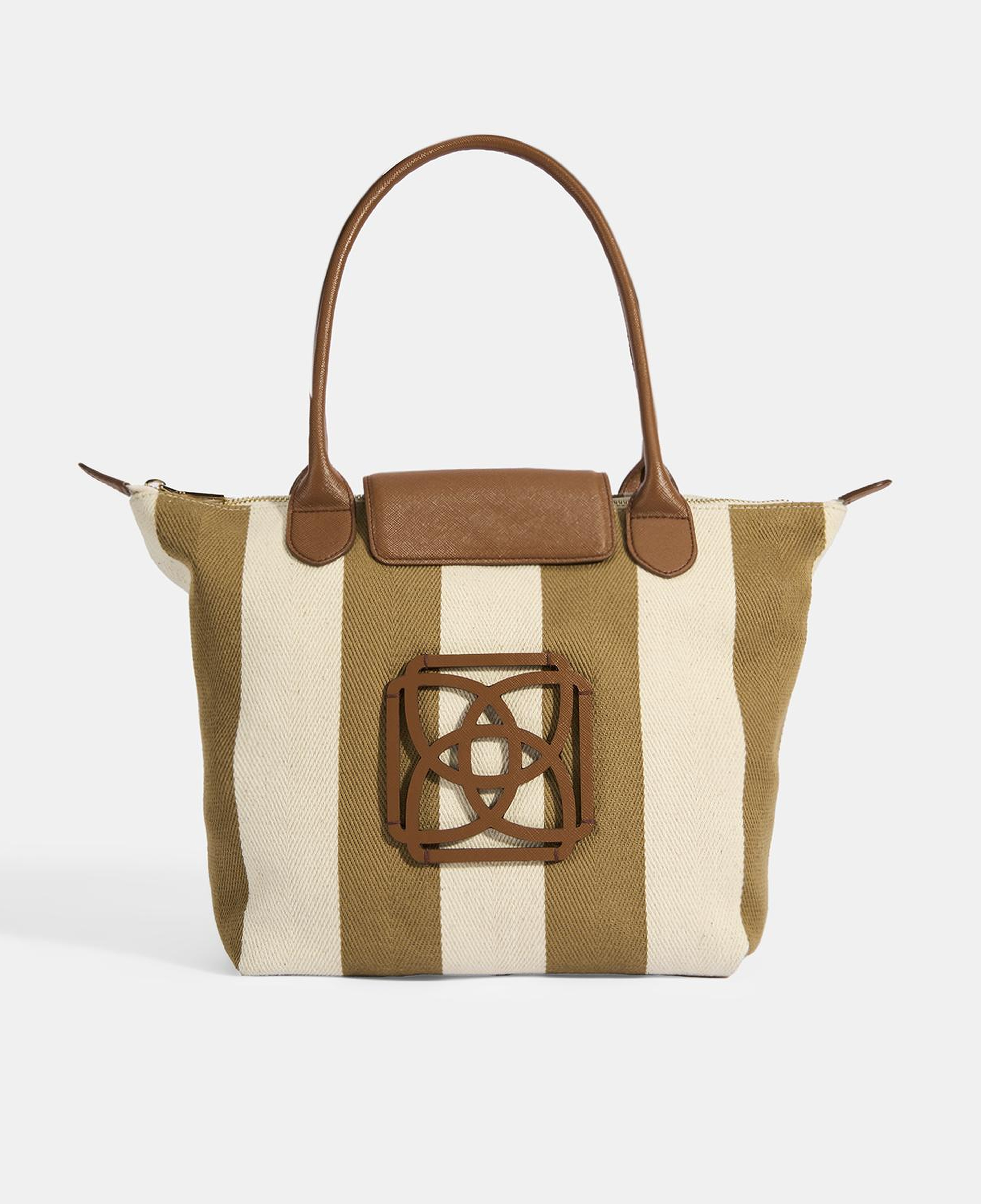 Kadın Monogram Logolu Vizon Çizgili Kumaş Midi Omuz Çantası