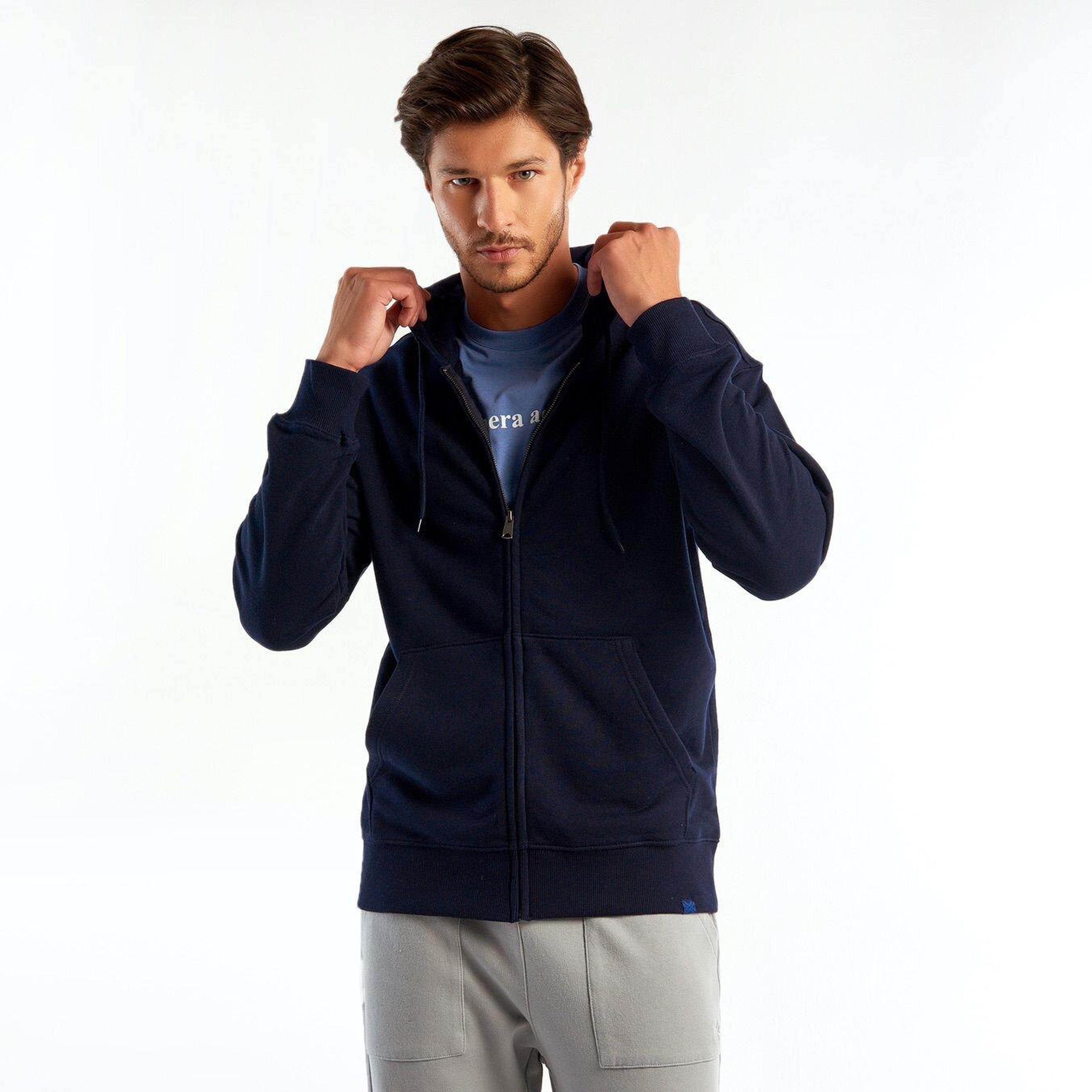 Erkek Lacivert Kapüşonlu Fermuarlı Sweatshirt