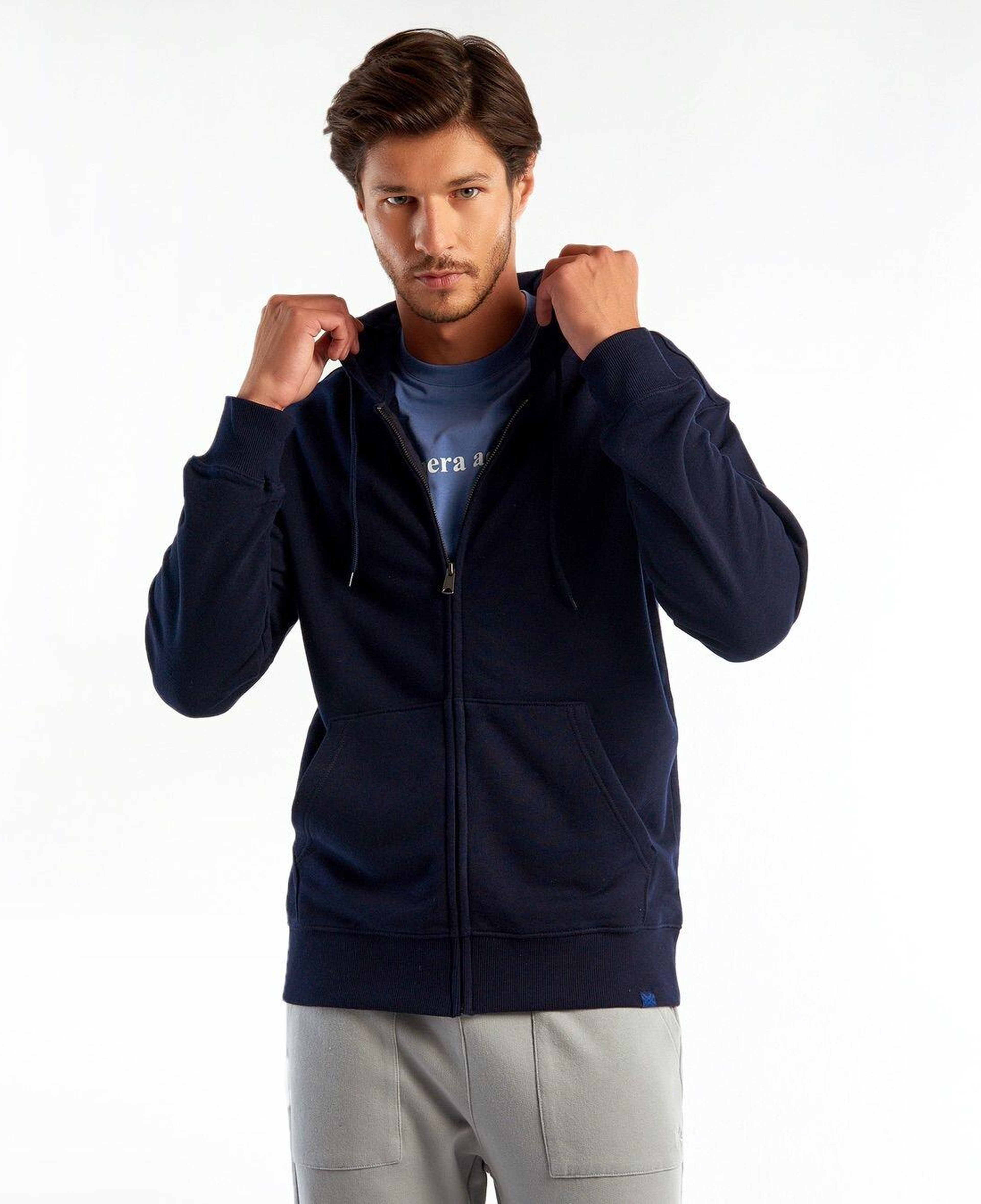 Erkek Lacivert Kapüşonlu Fermuarlı Sweatshirt