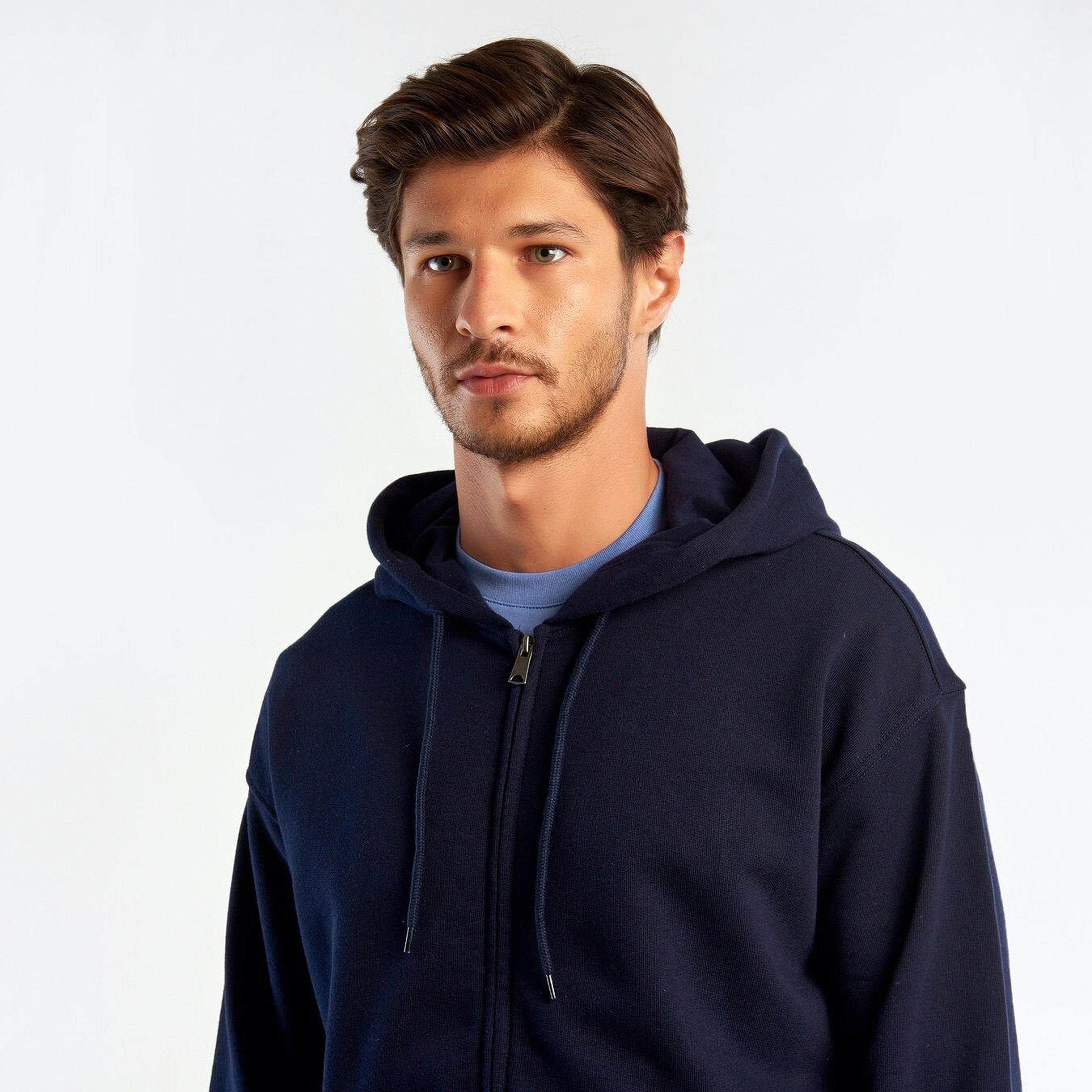 Erkek Lacivert Kapüşonlu Fermuarlı Sweatshirt