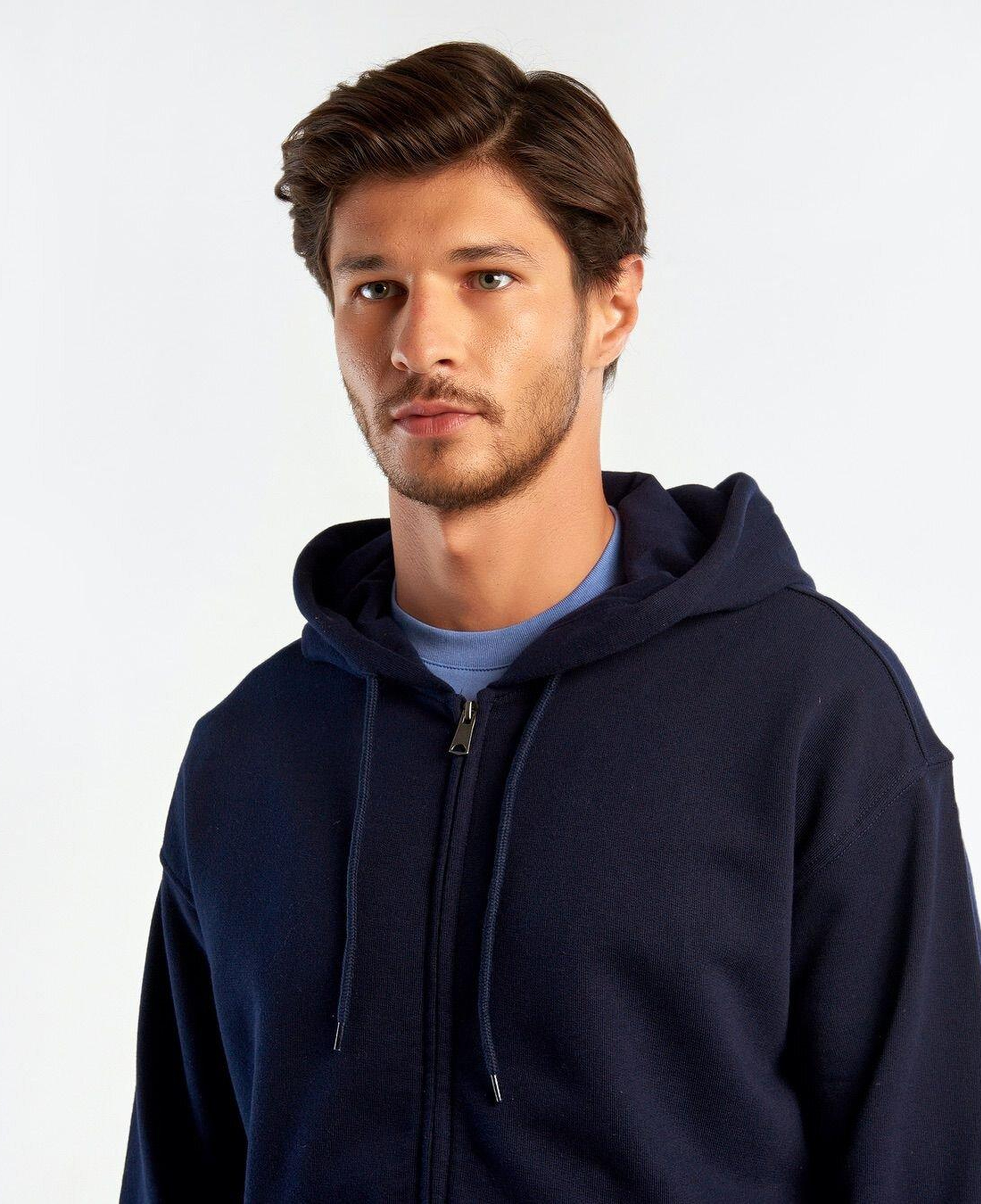 Erkek Lacivert Kapüşonlu Fermuarlı Sweatshirt