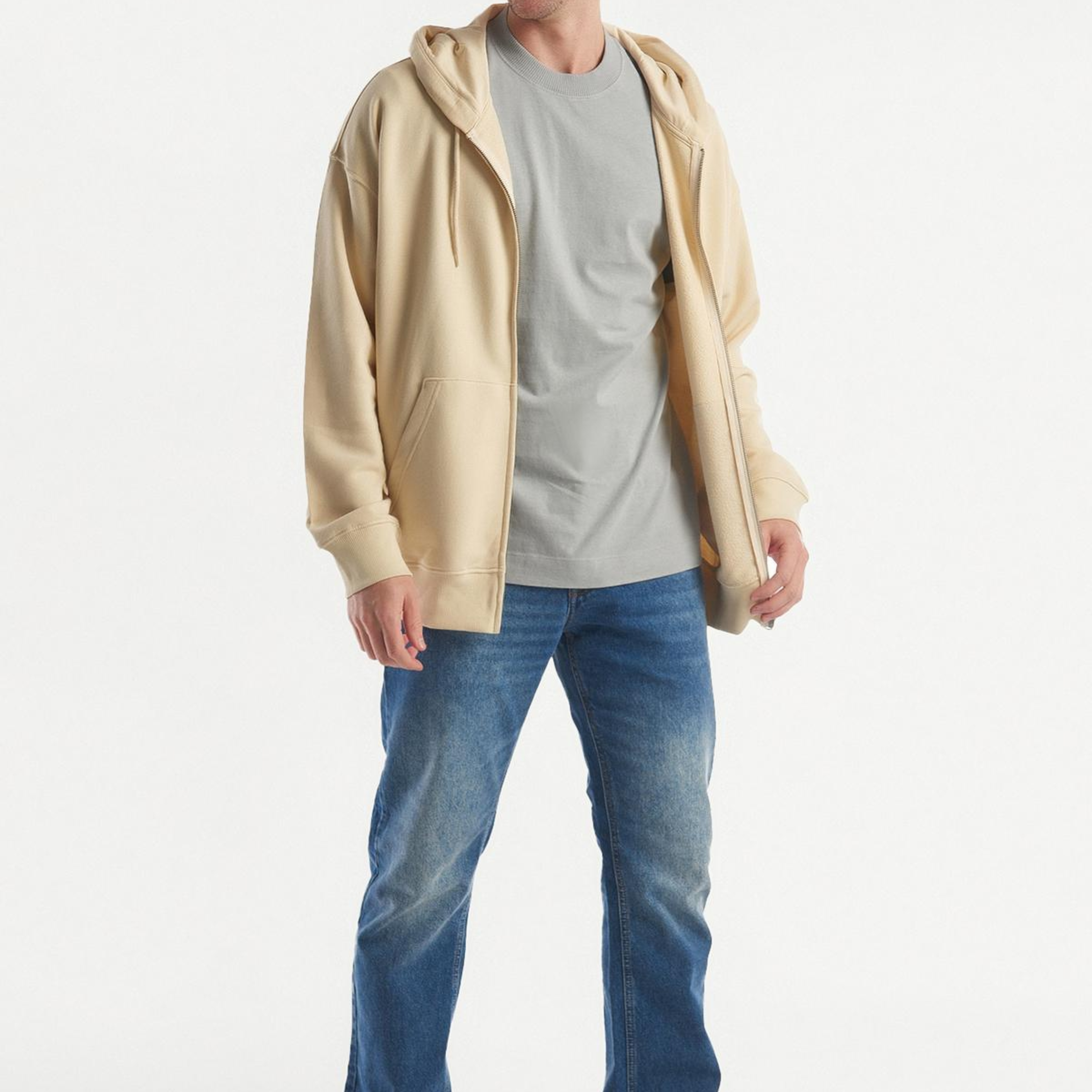 Erkek Bej Kapüşonlu Fermuarlı Sweatshirt