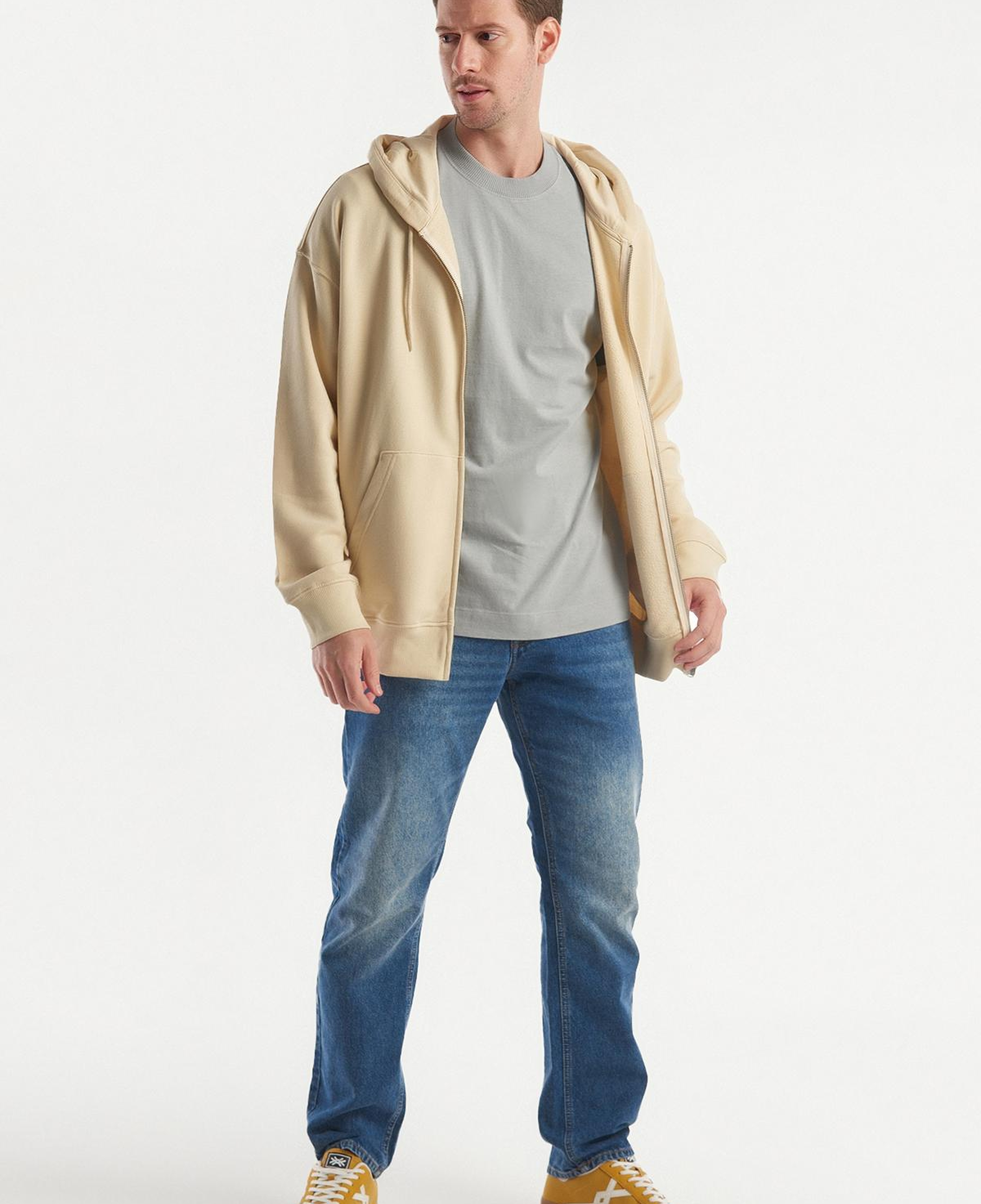 Erkek Bej Kapüşonlu Fermuarlı Sweatshirt