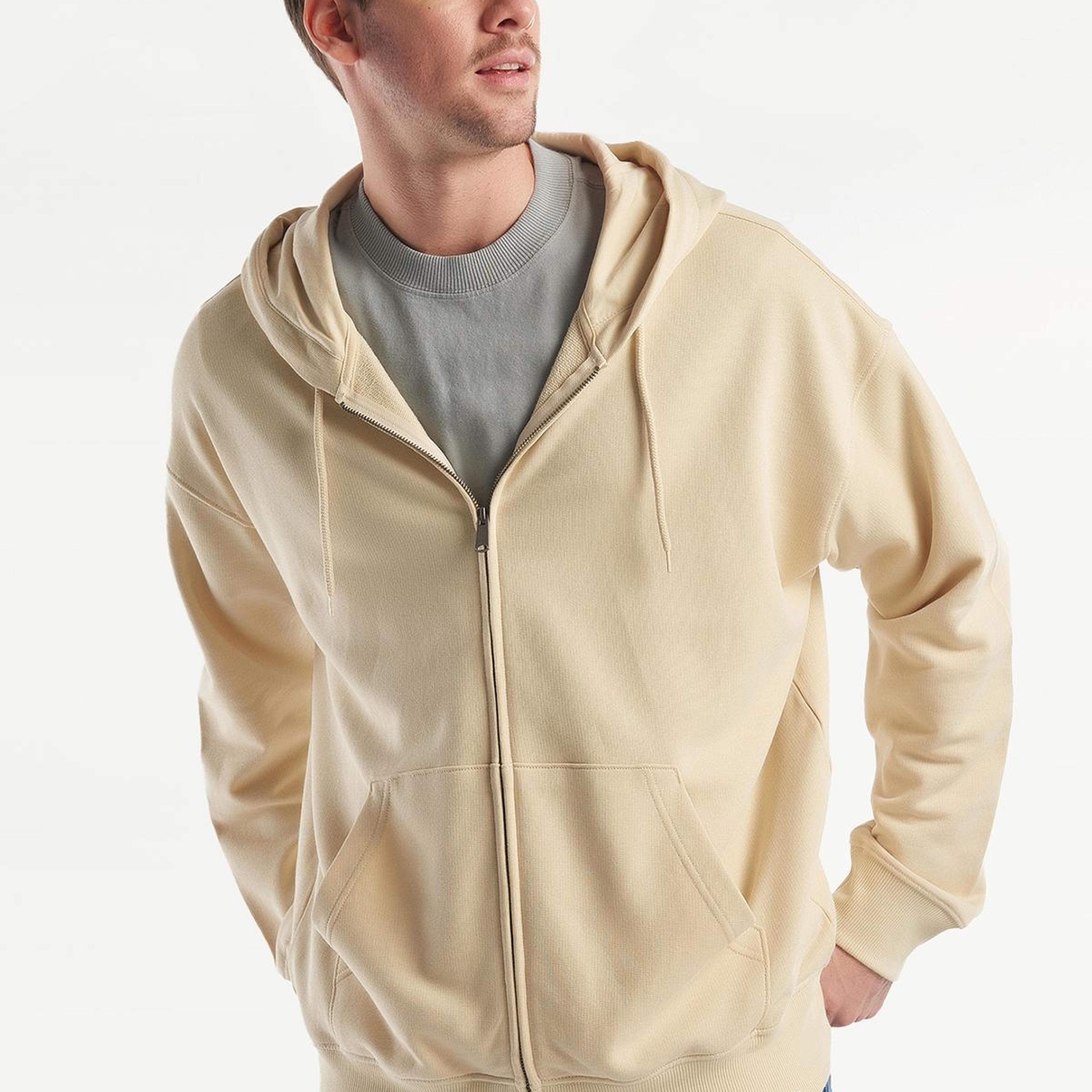 Erkek Bej Kapüşonlu Fermuarlı Sweatshirt