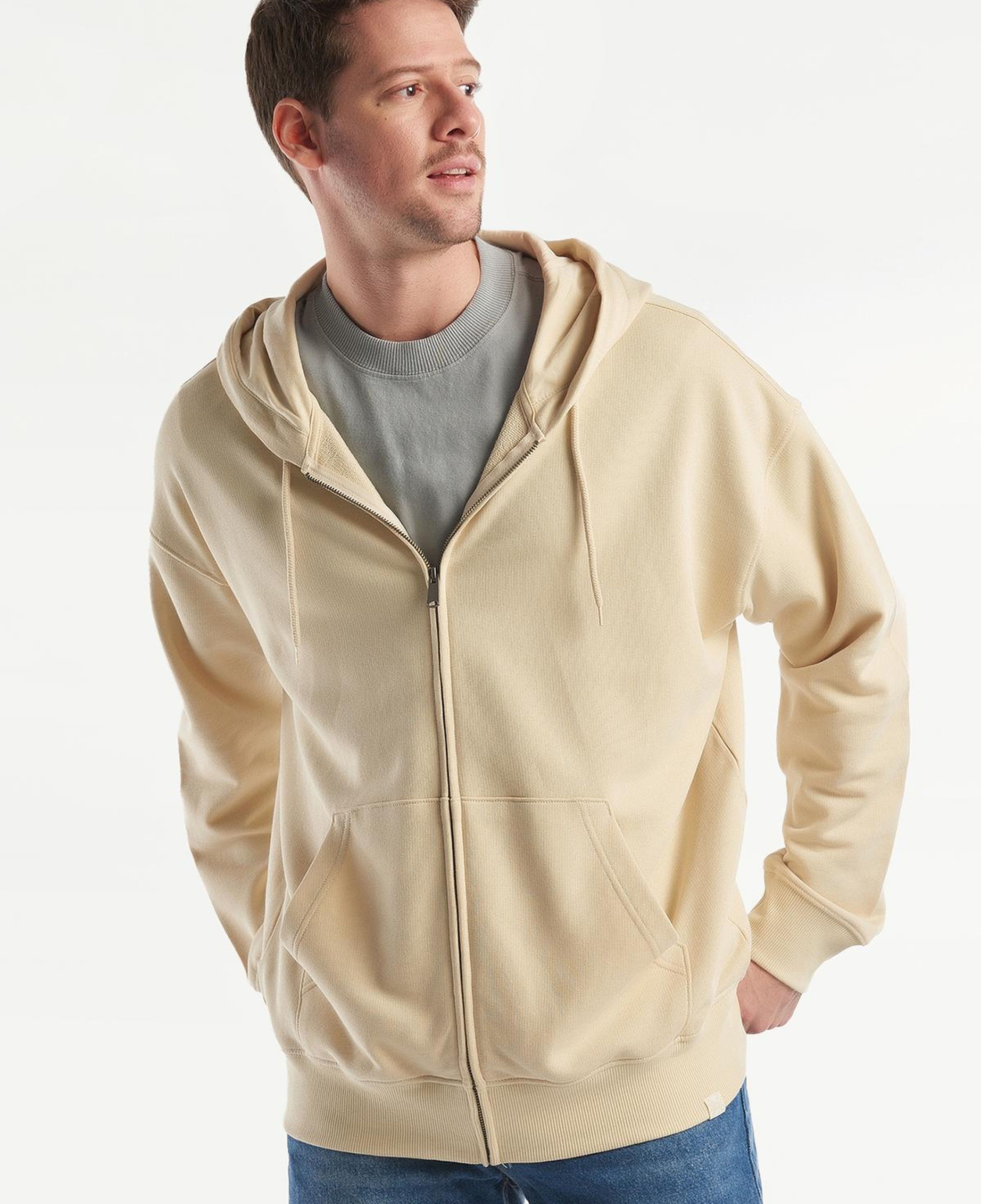 Erkek Bej Kapüşonlu Fermuarlı Sweatshirt