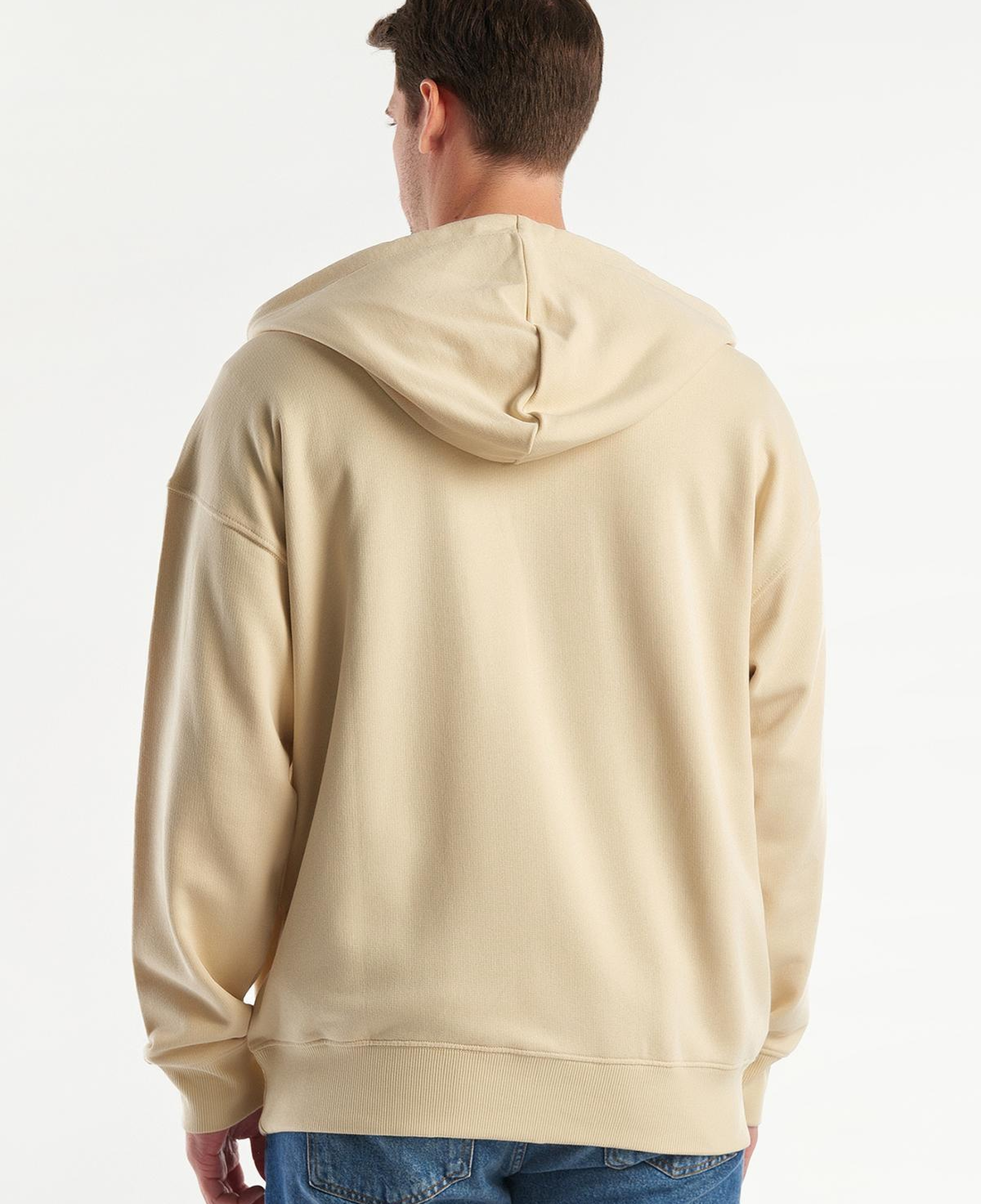 Erkek Bej Kapüşonlu Fermuarlı Sweatshirt