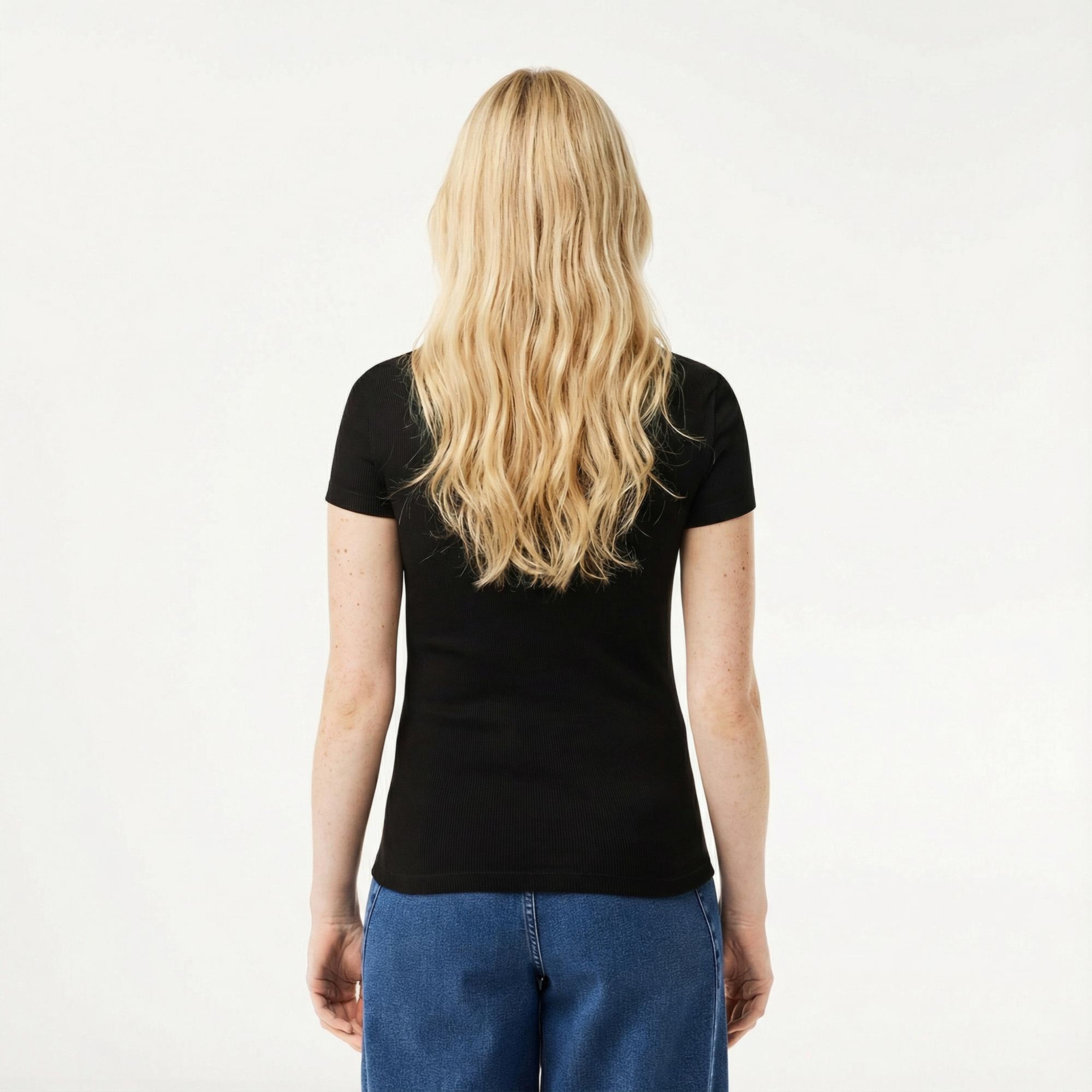 Lacoste Kadın Slim Fit Bisiklet Yaka Siyah T-Shirt