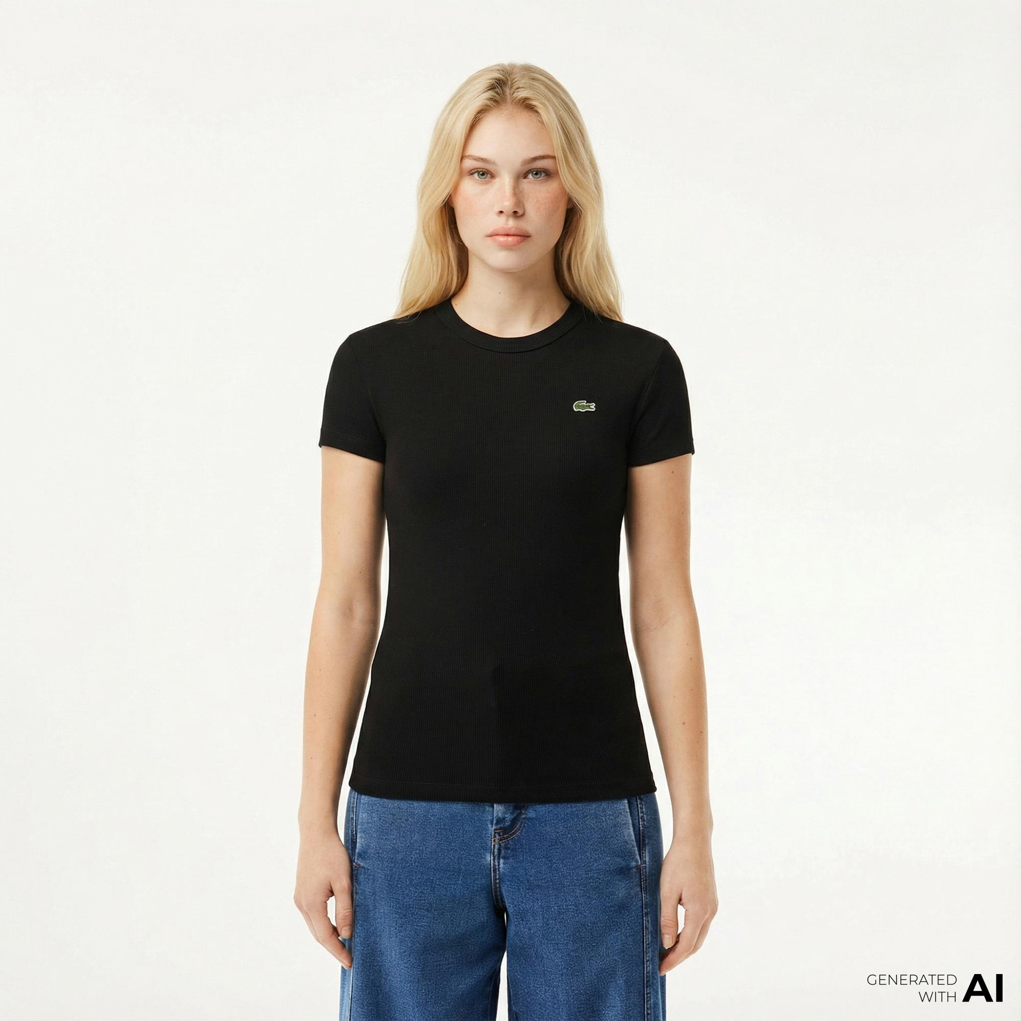 Lacoste Kadın Slim Fit Bisiklet Yaka Siyah T-Shirt