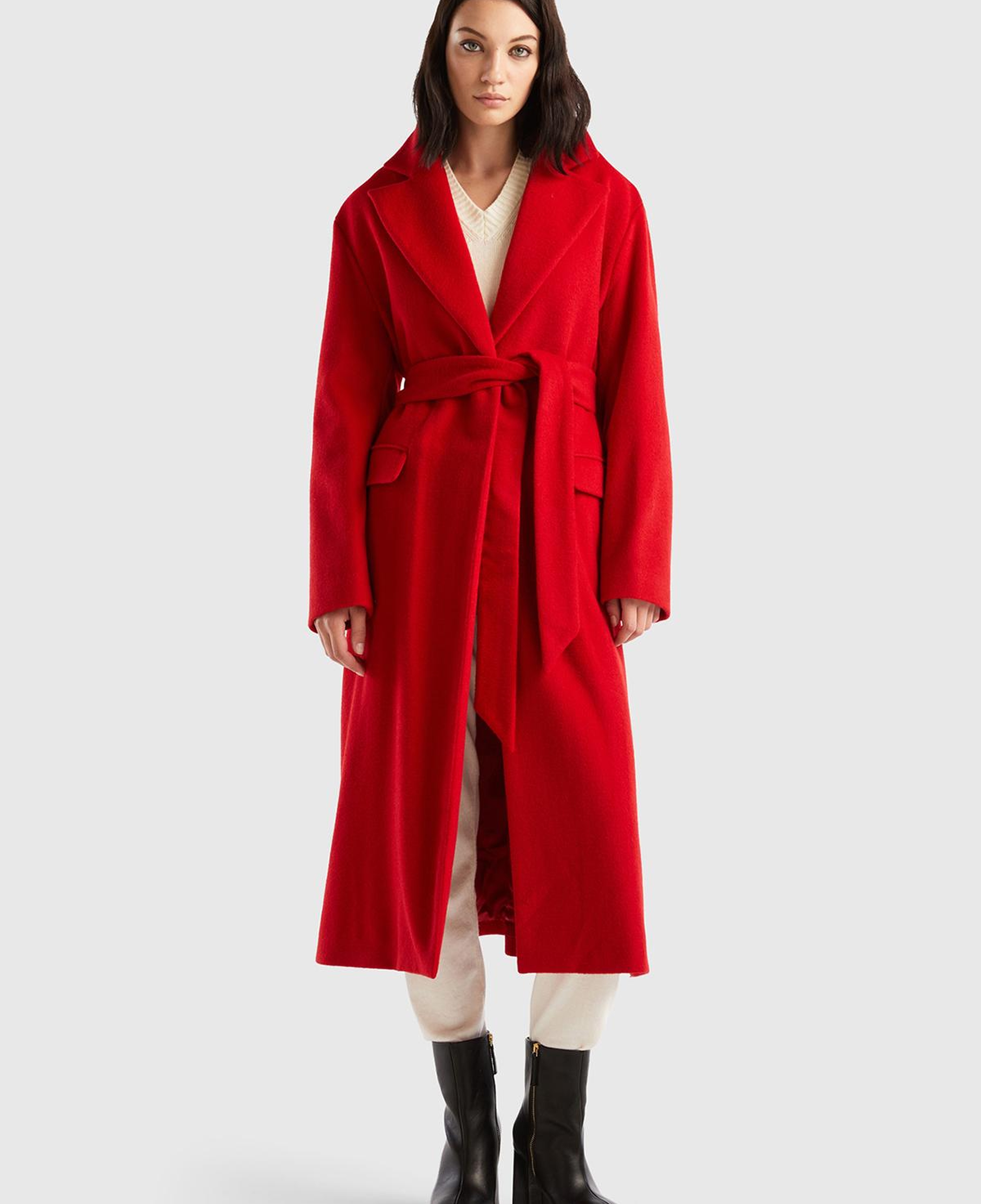 Kadın Bordo Yün Karışımlı Belden Bağlamalı Palto