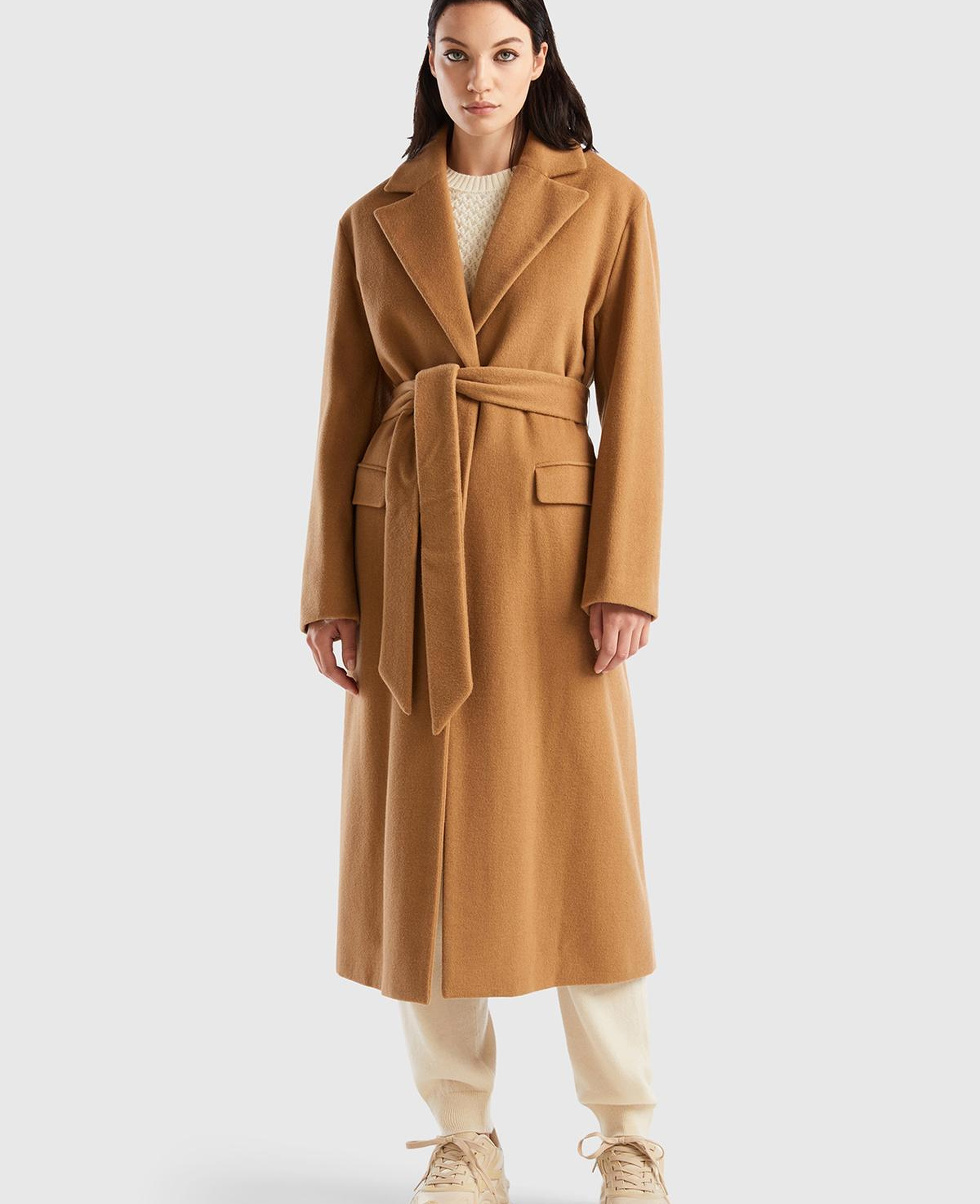 Kadın Taba Yün Karışımlı Belden Bağlamalı Palto