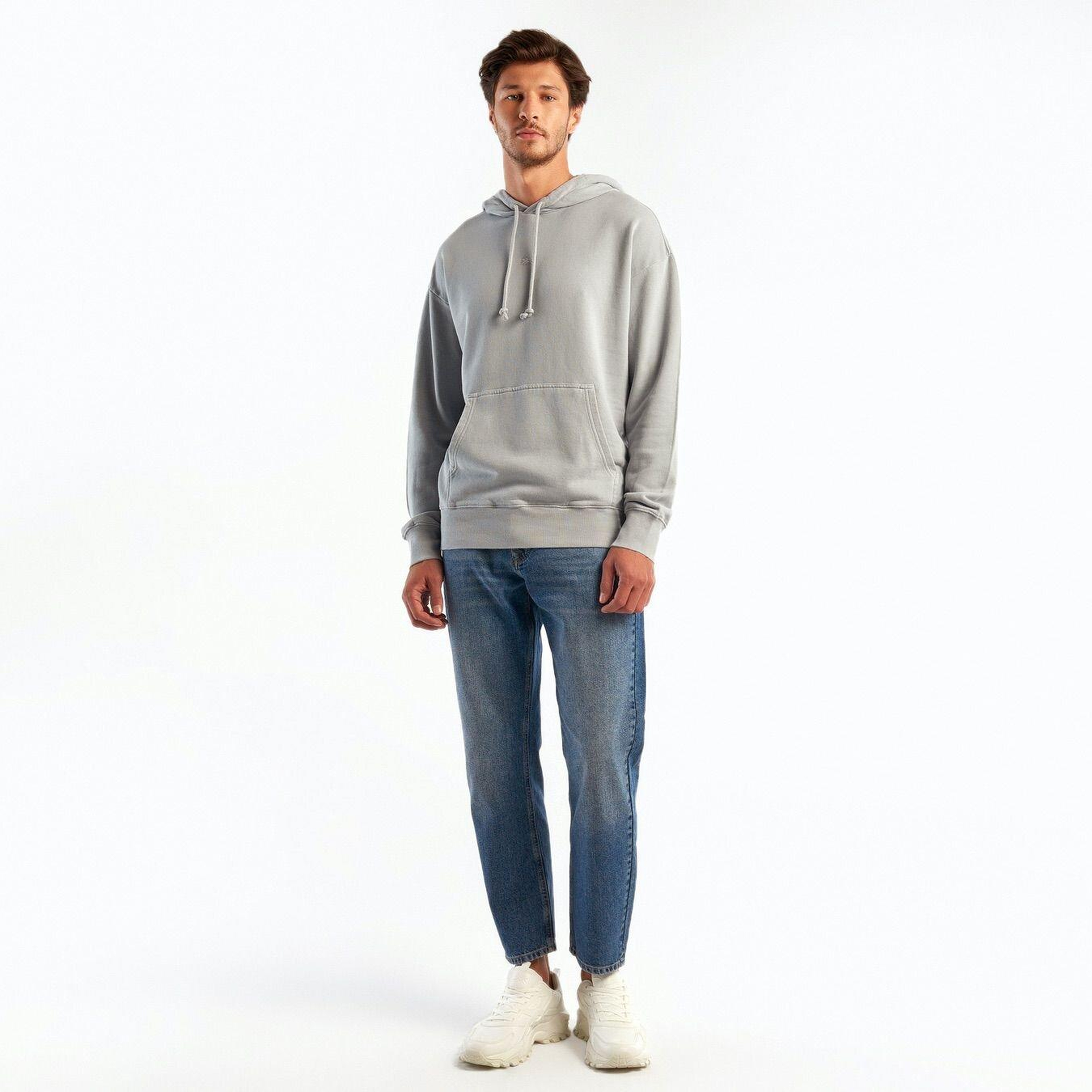 Erkek Gri Kapşonlu Kangru Cepli Sweatshirt