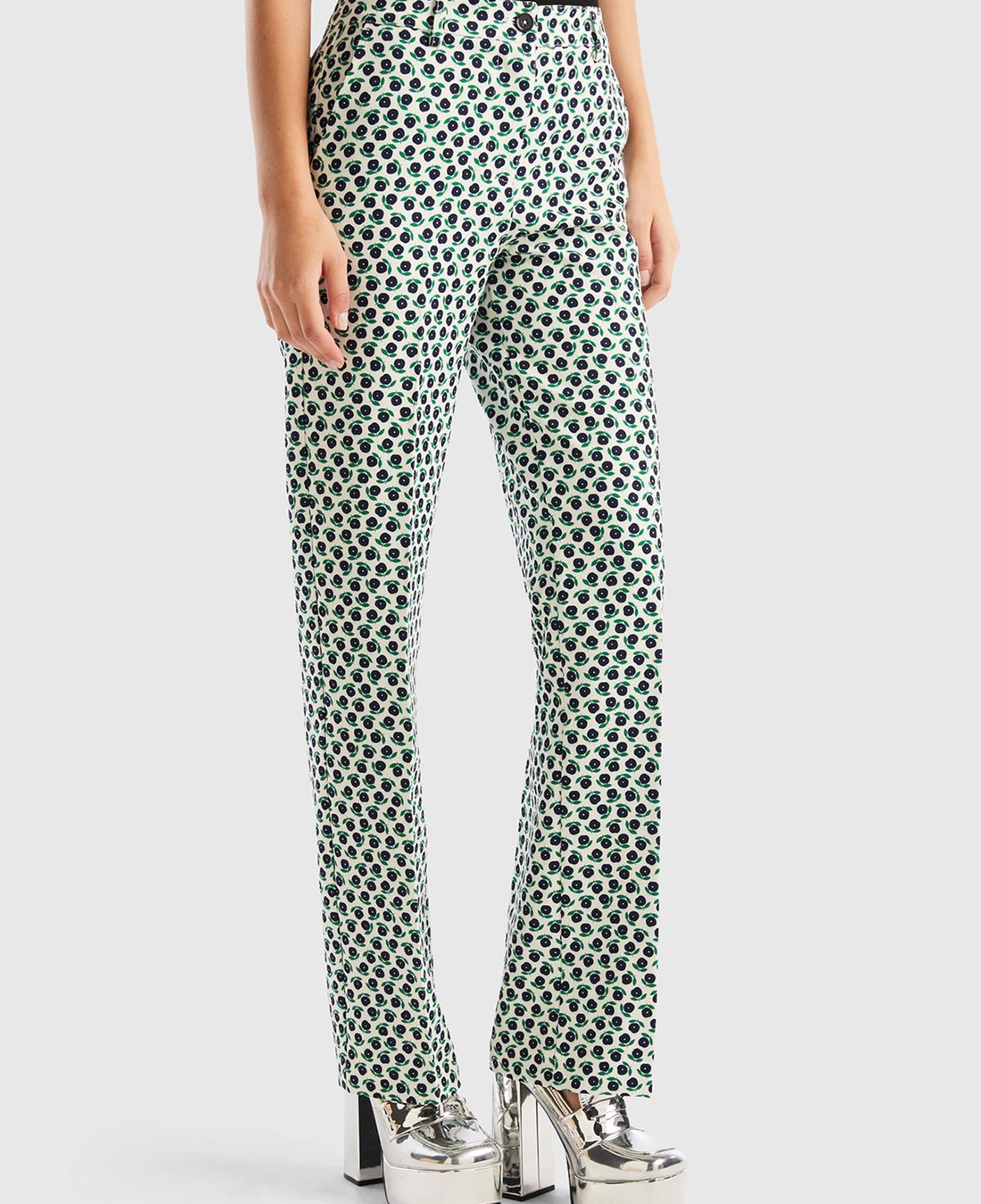 Kadın Yeşil Mix Poliviskoz Çiçek Desenli Regular Fit Pantolon