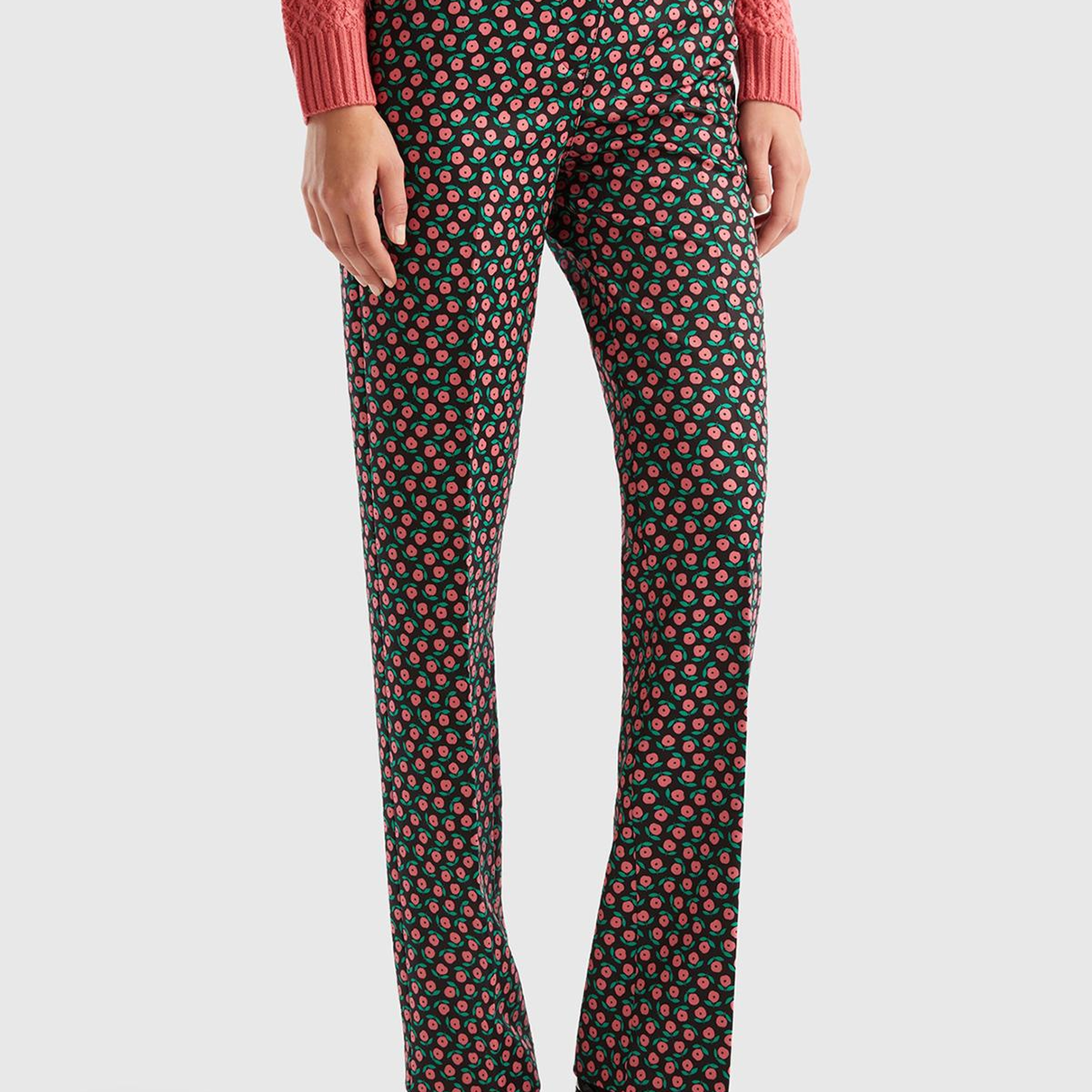 Kadın Pembe Mix Poliviskoz Çiçek Desenli Regular Fit Pantolon