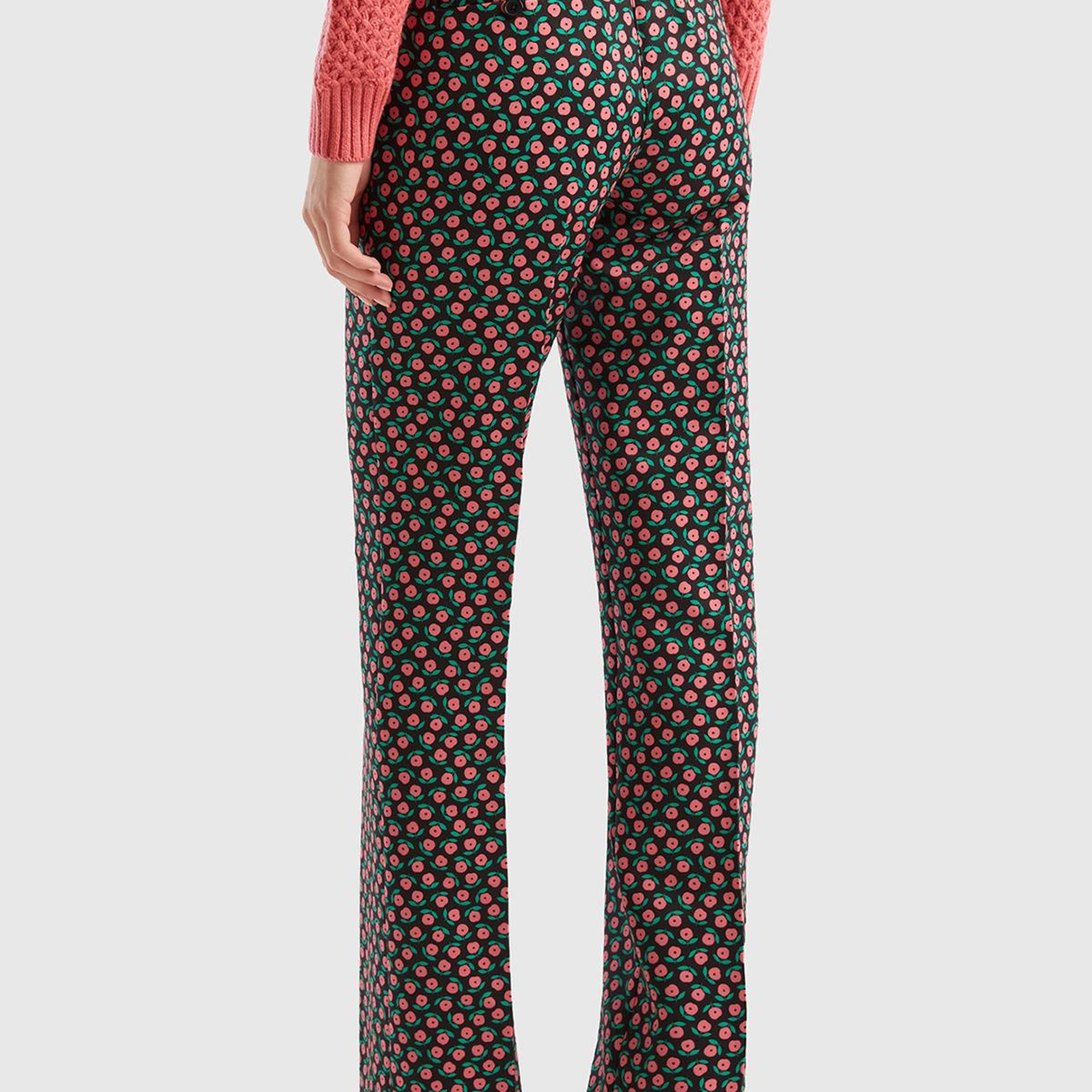 Kadın Pembe Mix Poliviskoz Çiçek Desenli Regular Fit Pantolon