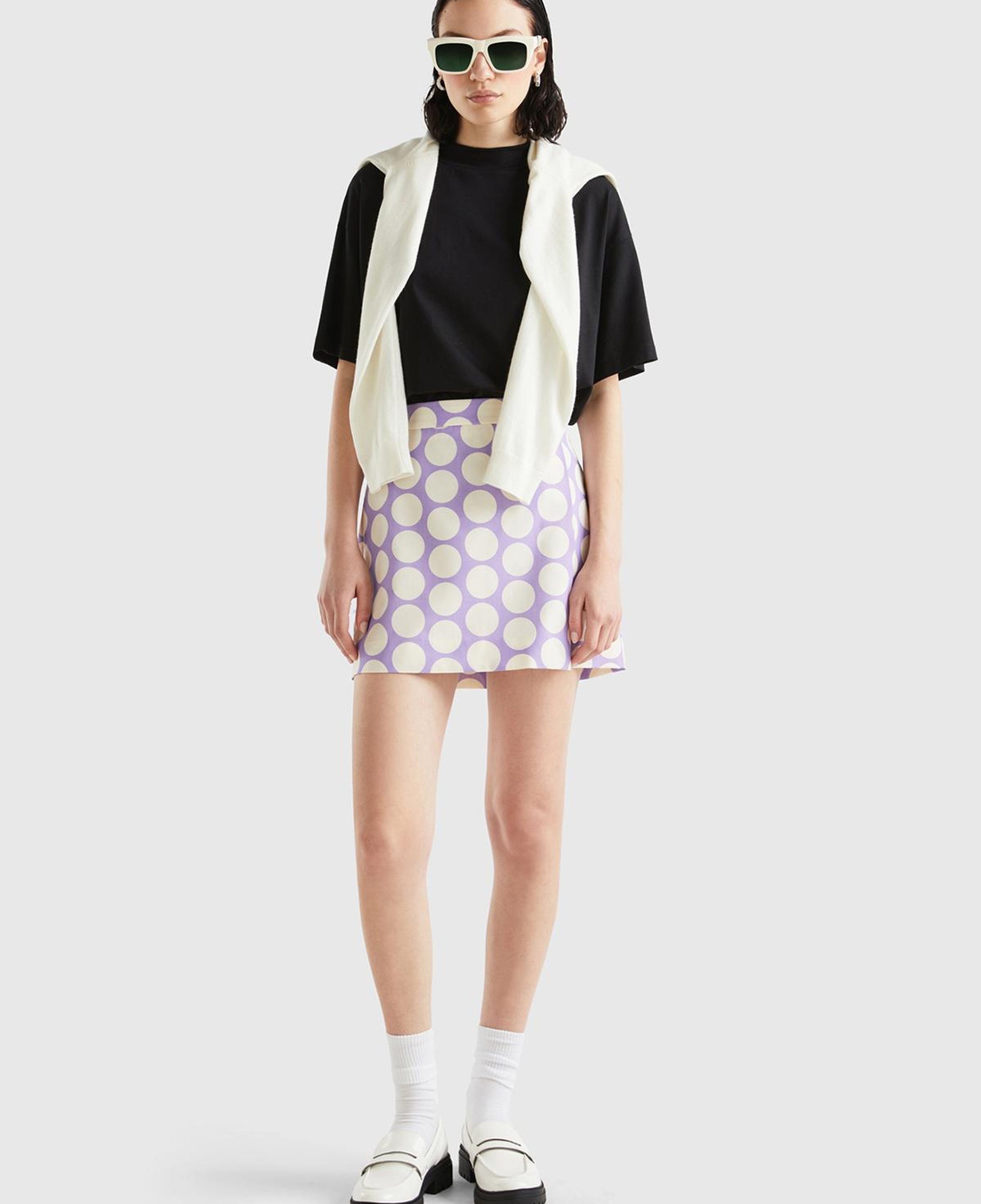 Kadın Lila Poliviskoz Puantiyeli Mini Etek