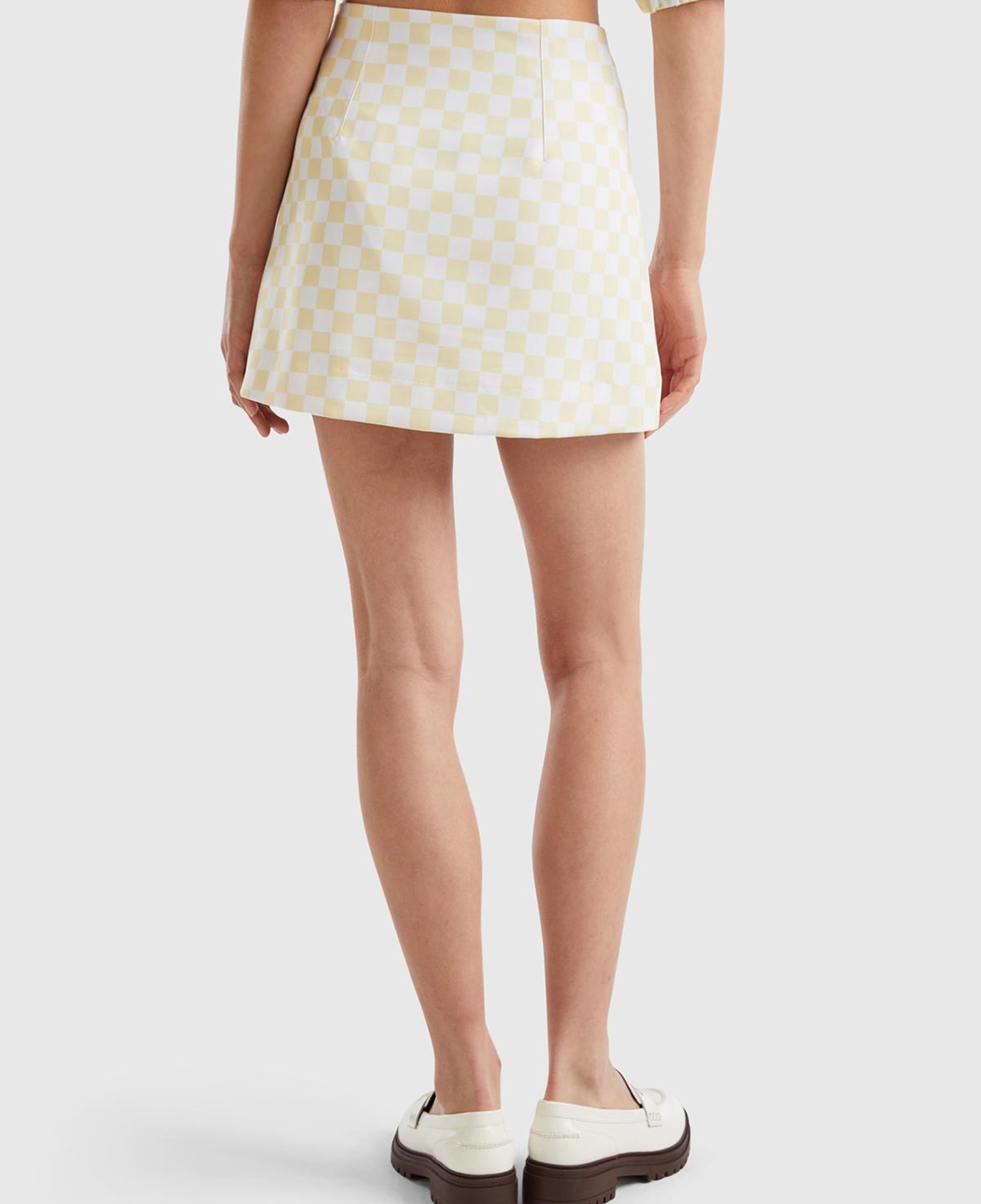 Kadın Sarı Dama Desenli Mini Etek