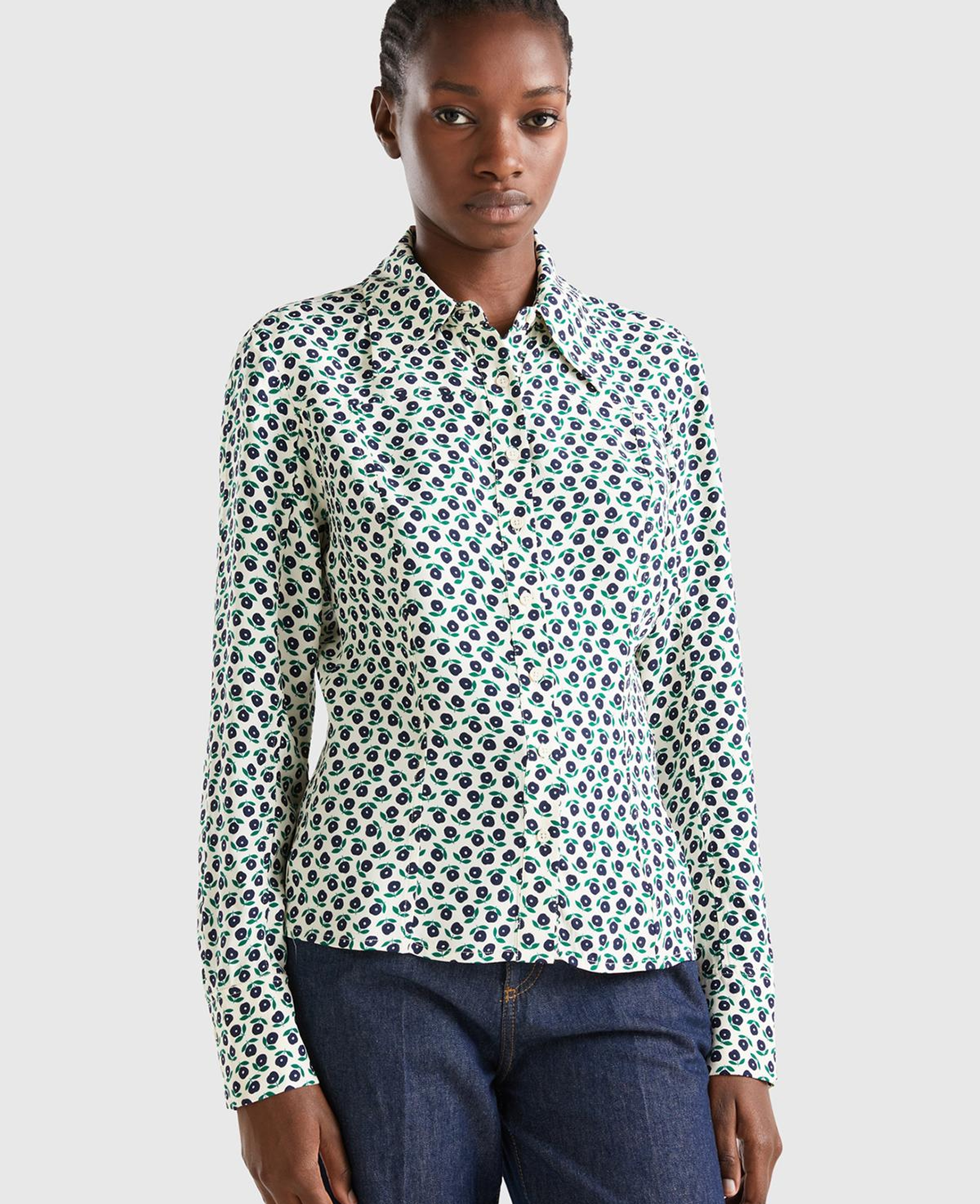 Kadın Yeşil Mix Çiçek Desenli Viskoz Gömlek