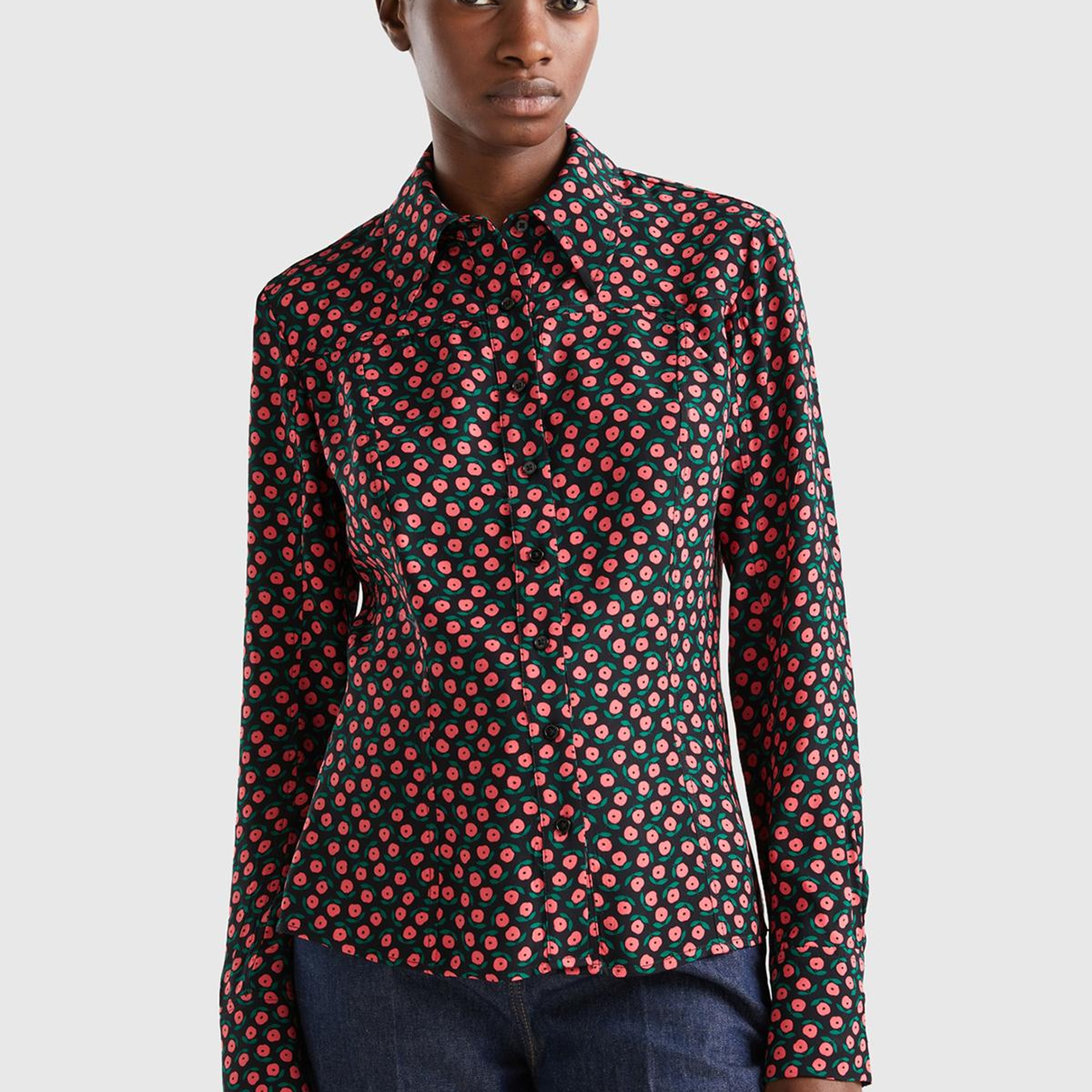 Kadın Pembe Mix Çiçek Desenli Viskoz Gömlek