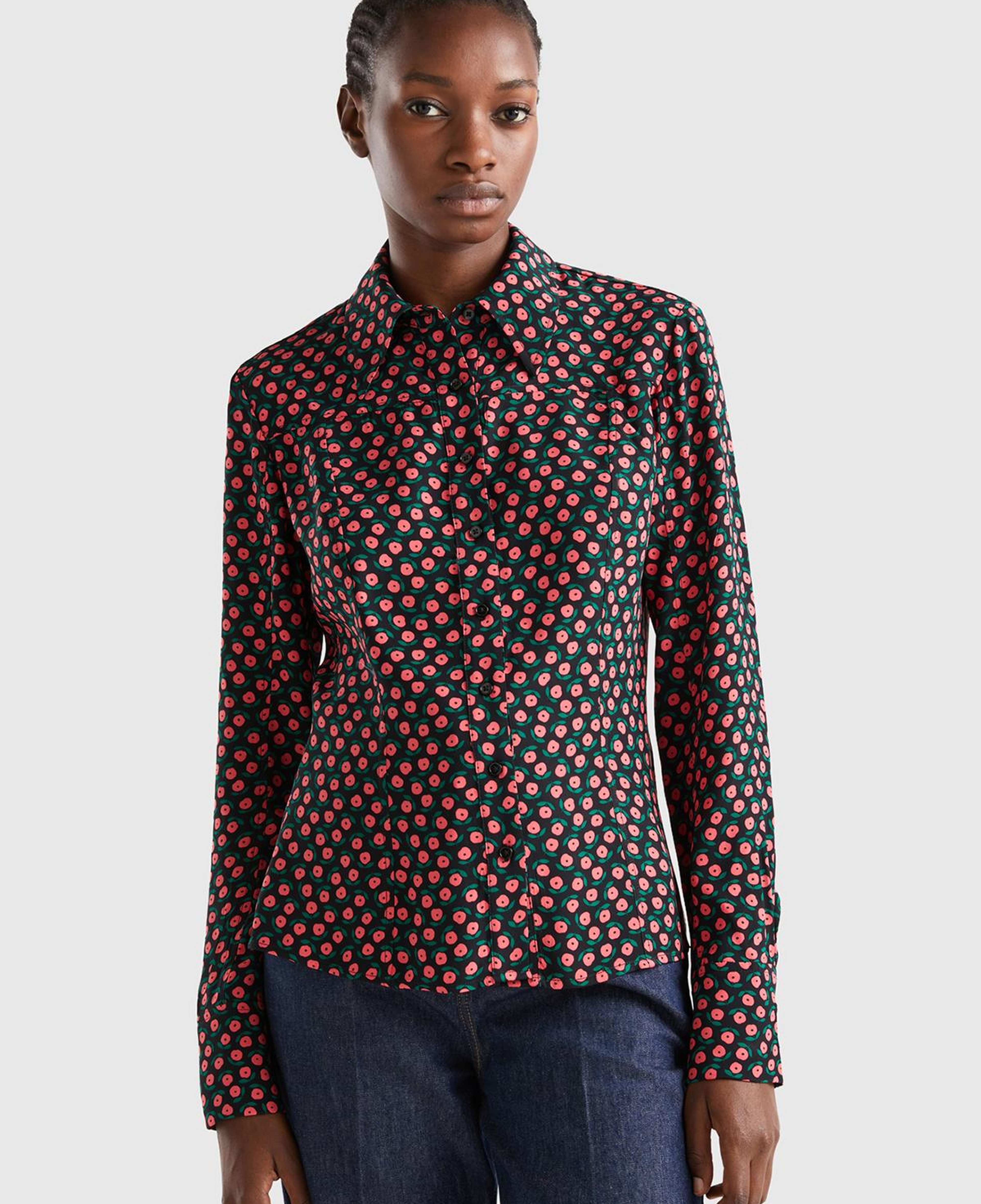 Kadın Pembe Mix Çiçek Desenli Viskoz Gömlek