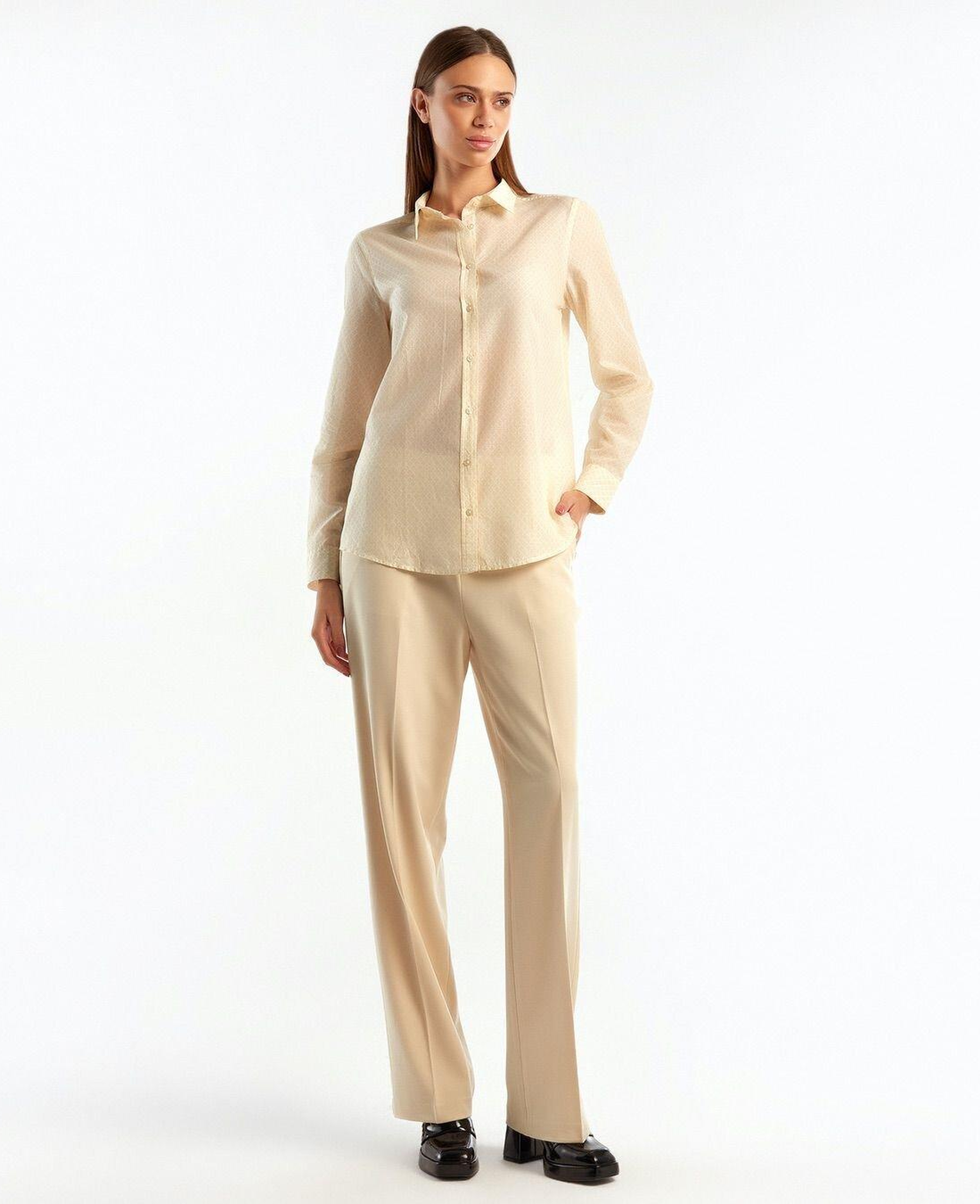 Kadın Bej Desenli Koton Gömlek