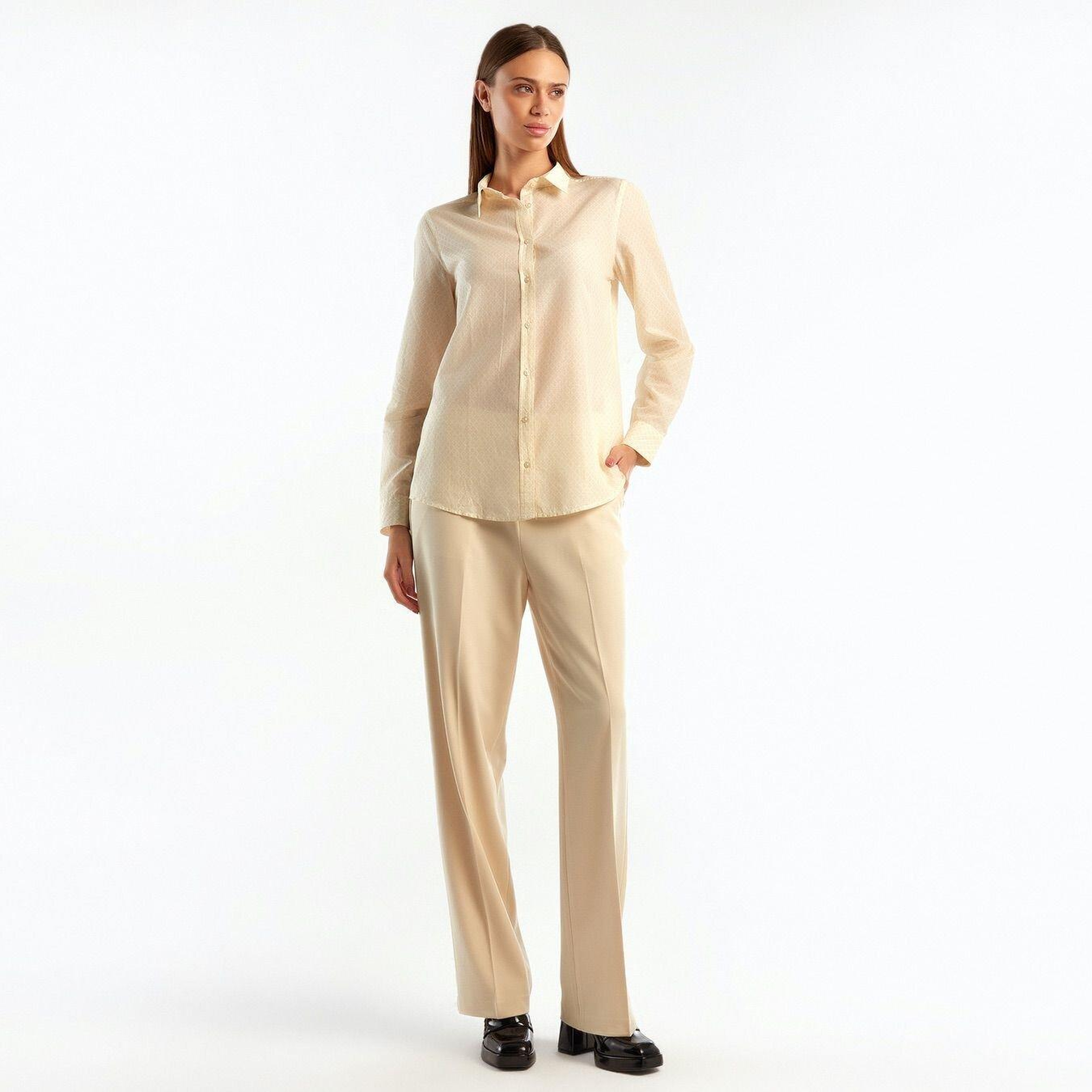 Kadın Bej Desenli Koton Gömlek