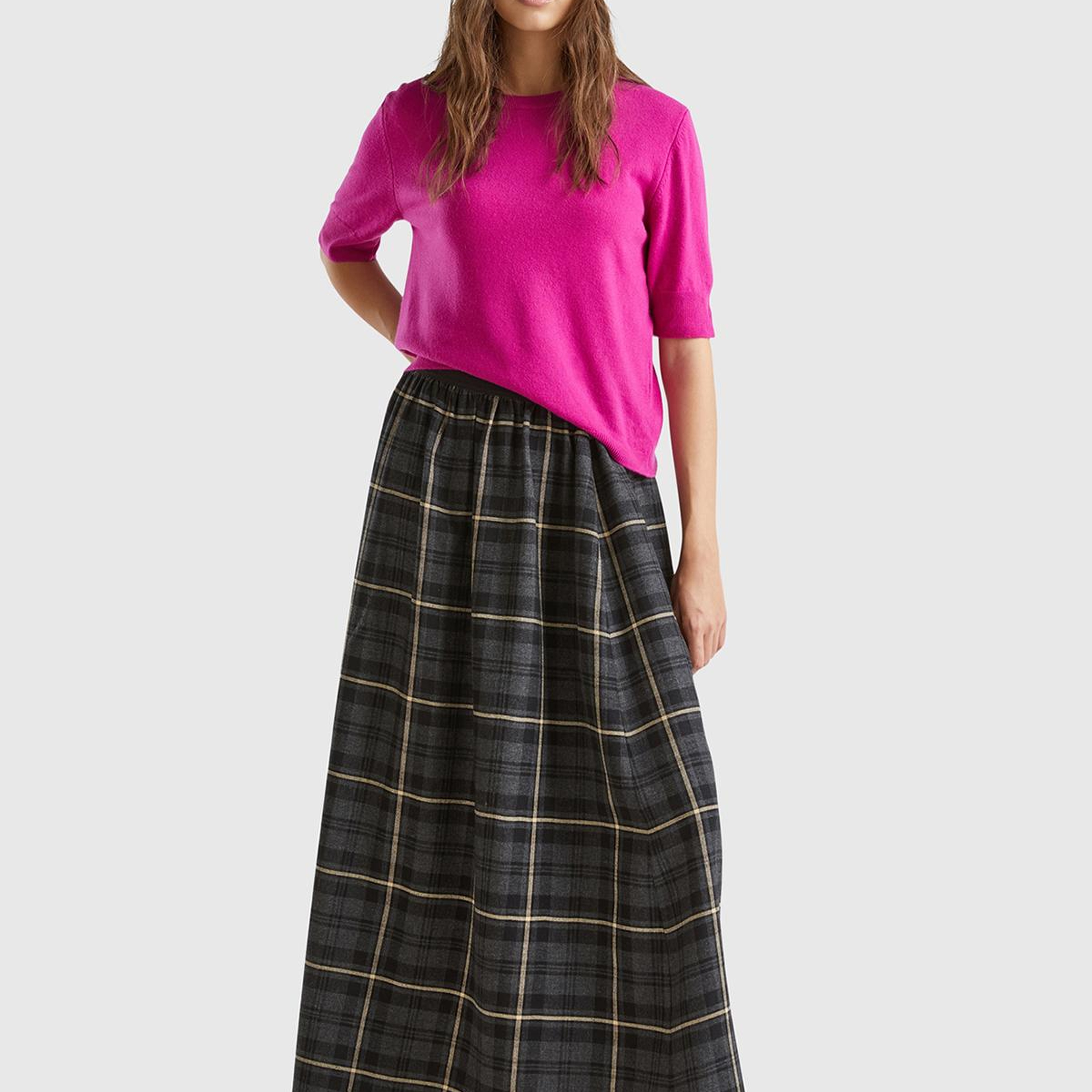 Kadın Fuşya Bisiklet Yaka %100 Merino Kısa Kollu Kazak