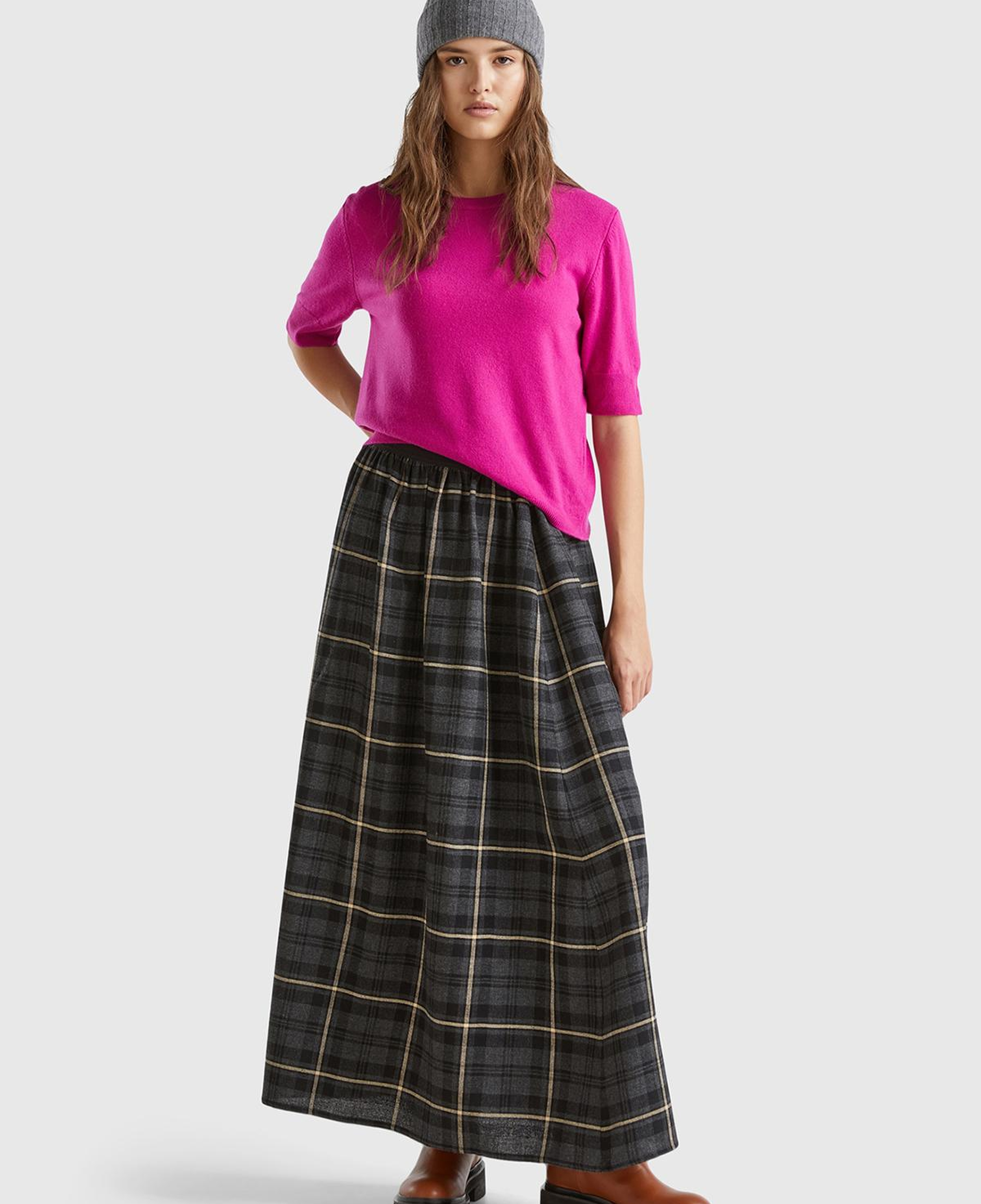 Kadın Fuşya Bisiklet Yaka %100 Merino Kısa Kollu Kazak