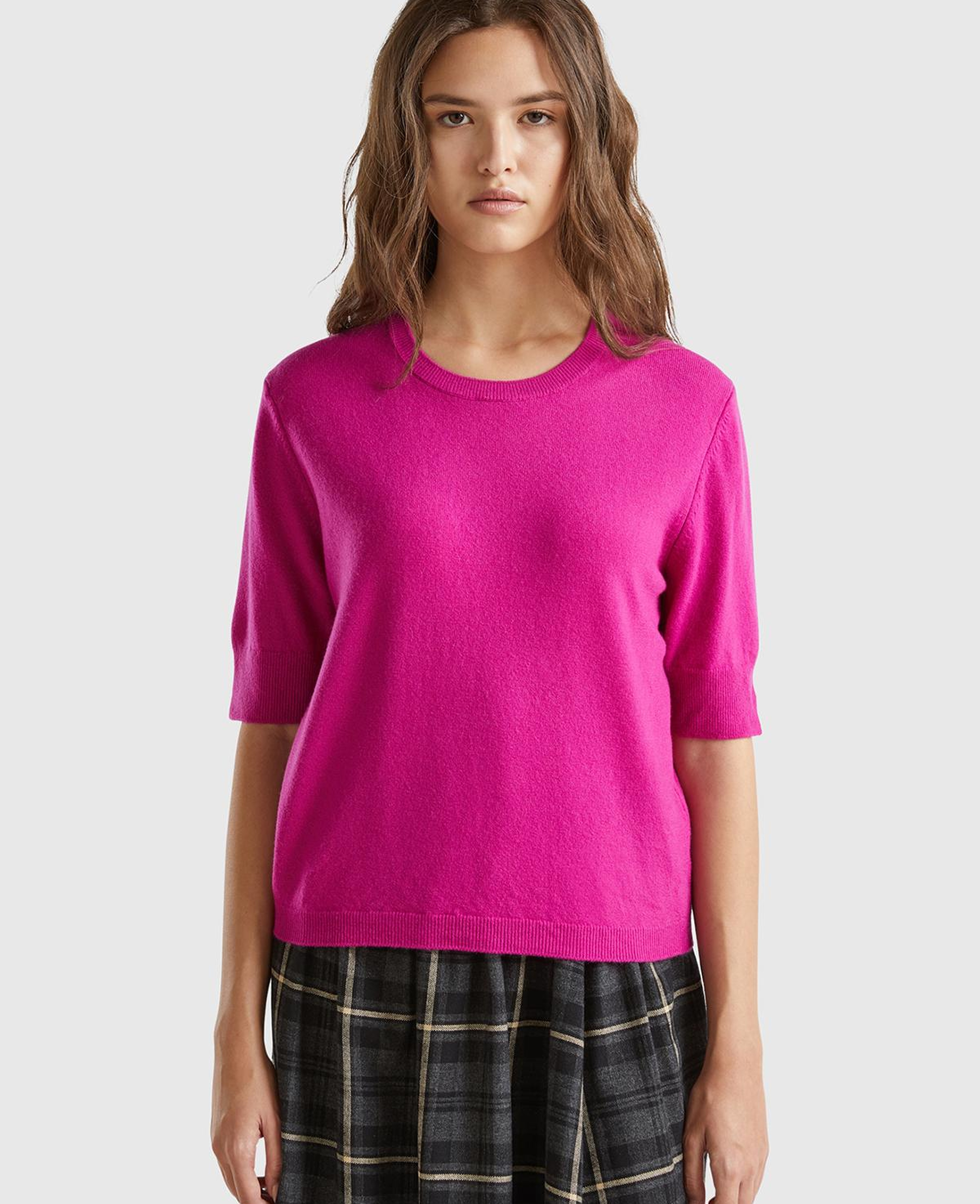 Kadın Fuşya Bisiklet Yaka %100 Merino Kısa Kollu Kazak