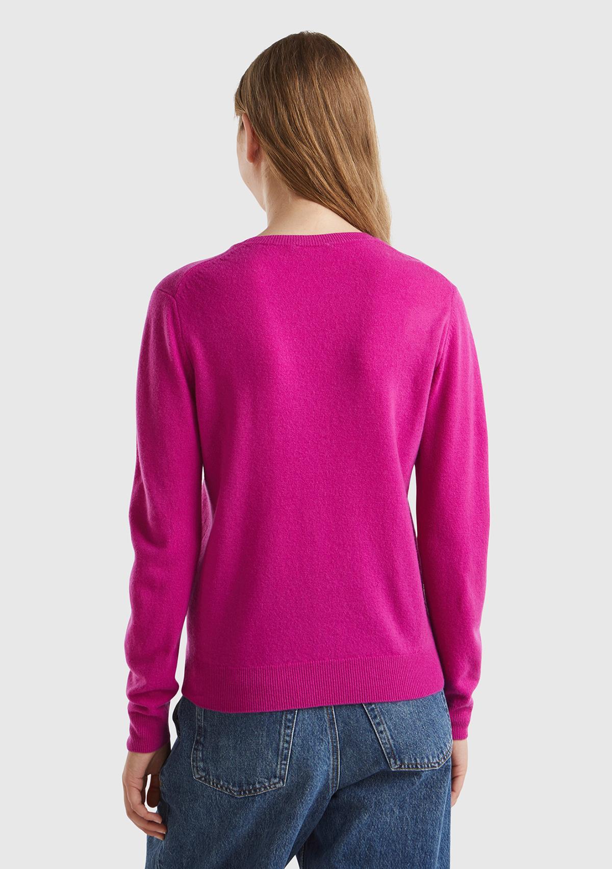 Kadın Fuşya Bisiklet Yaka %100 Merino Kazak