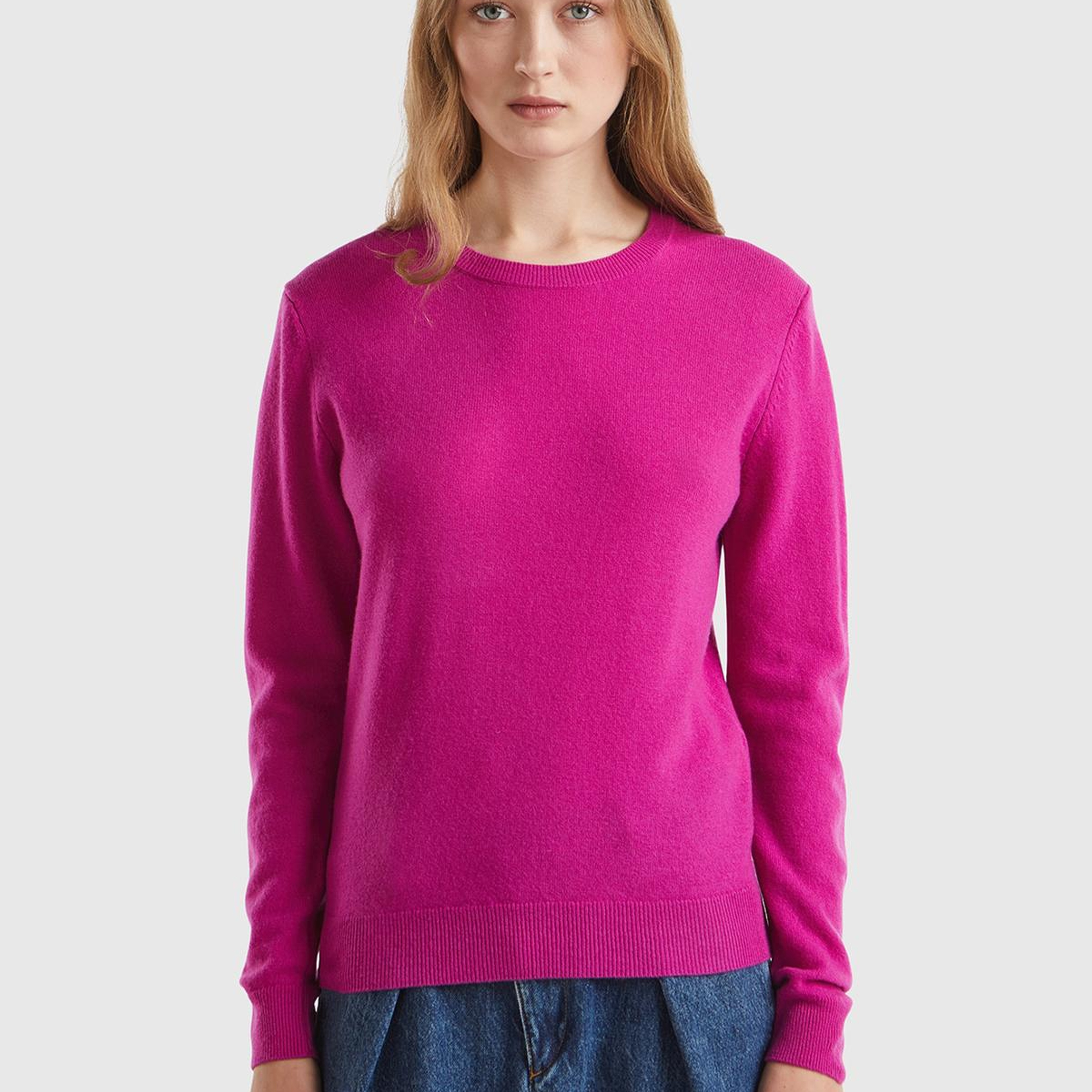 Kadın Fuşya Bisiklet Yaka %100 Merino Kazak