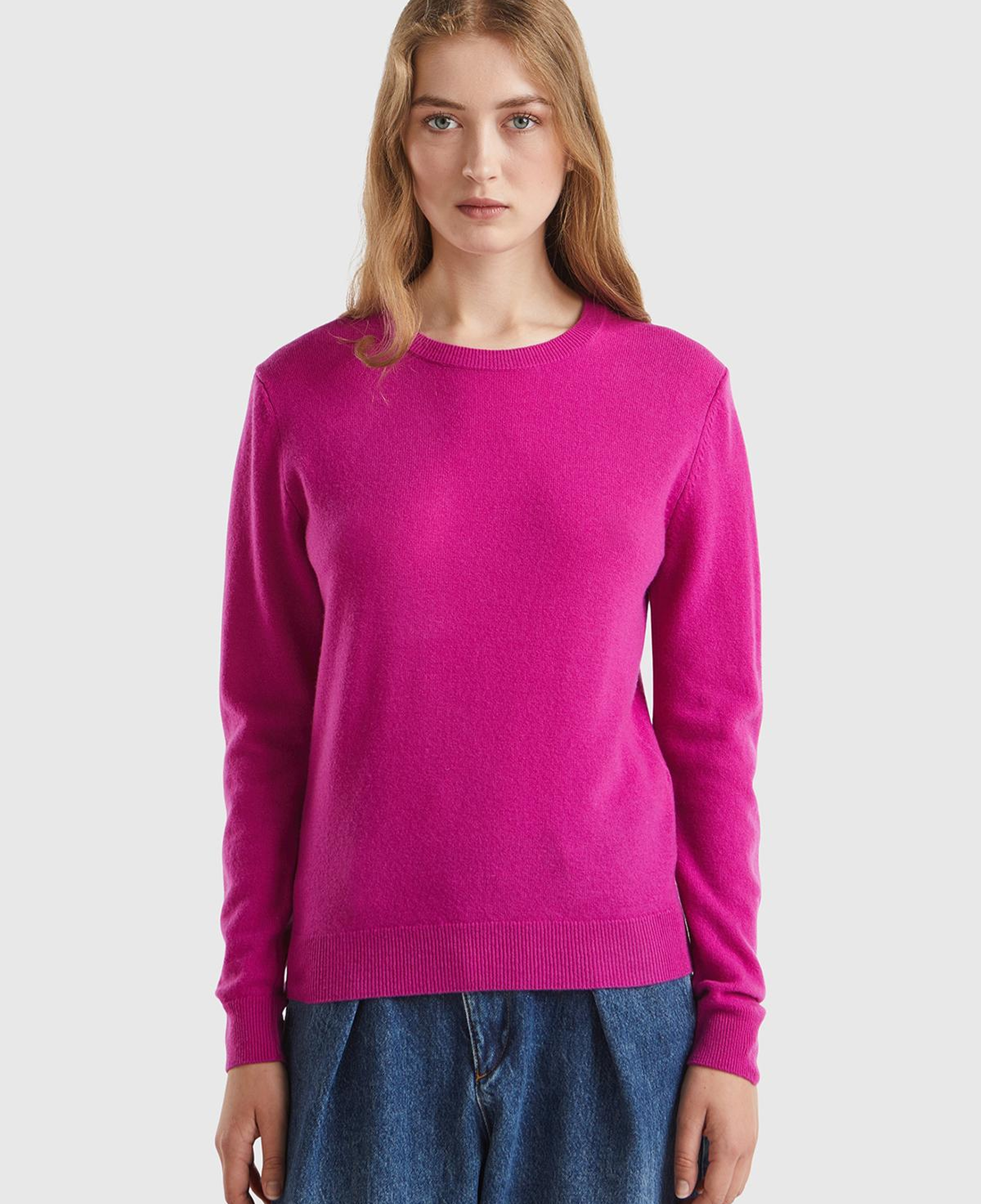 Kadın Fuşya Bisiklet Yaka %100 Merino Kazak