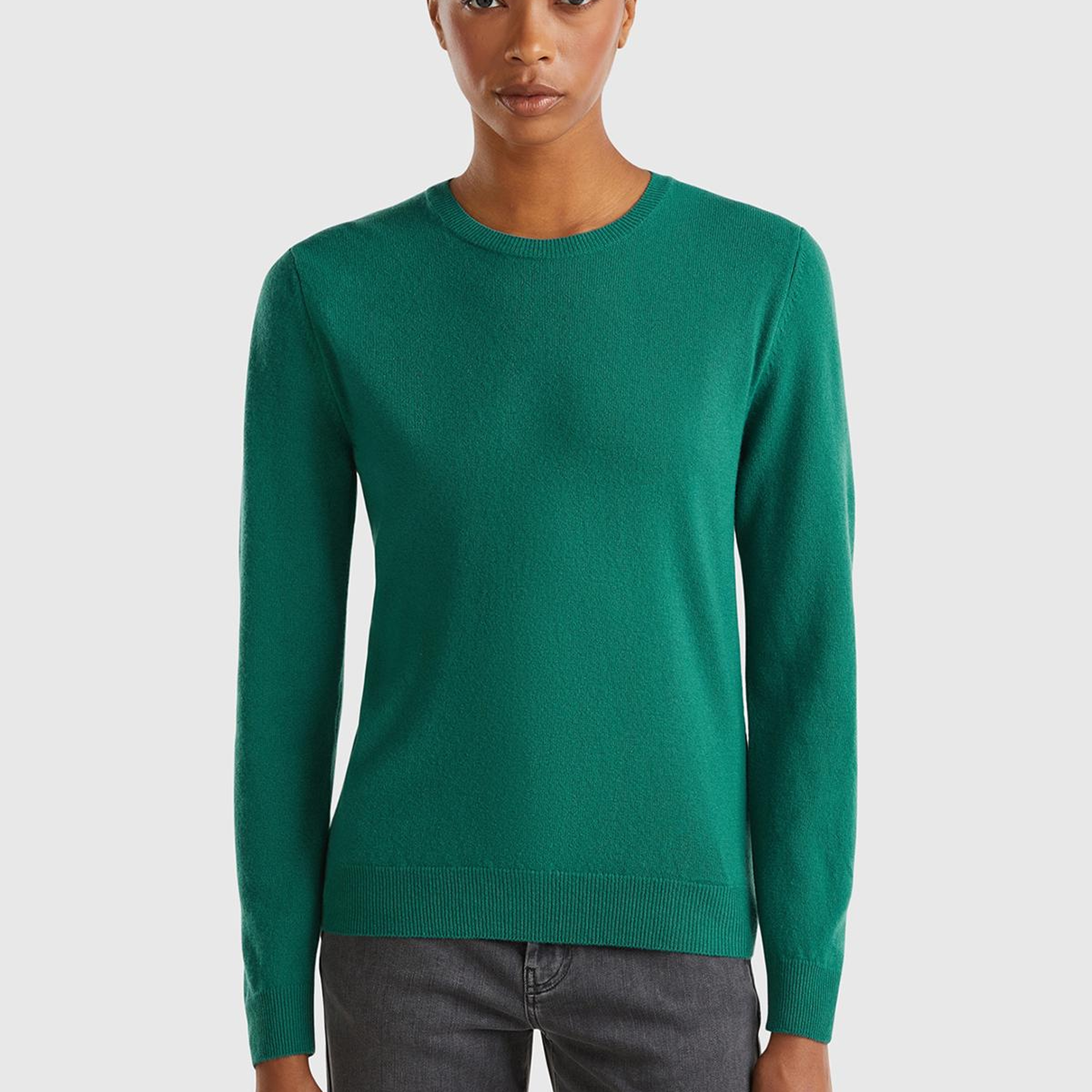 Kadın Koyu Yeşil Bisiklet Yaka %100 Merino Kazak