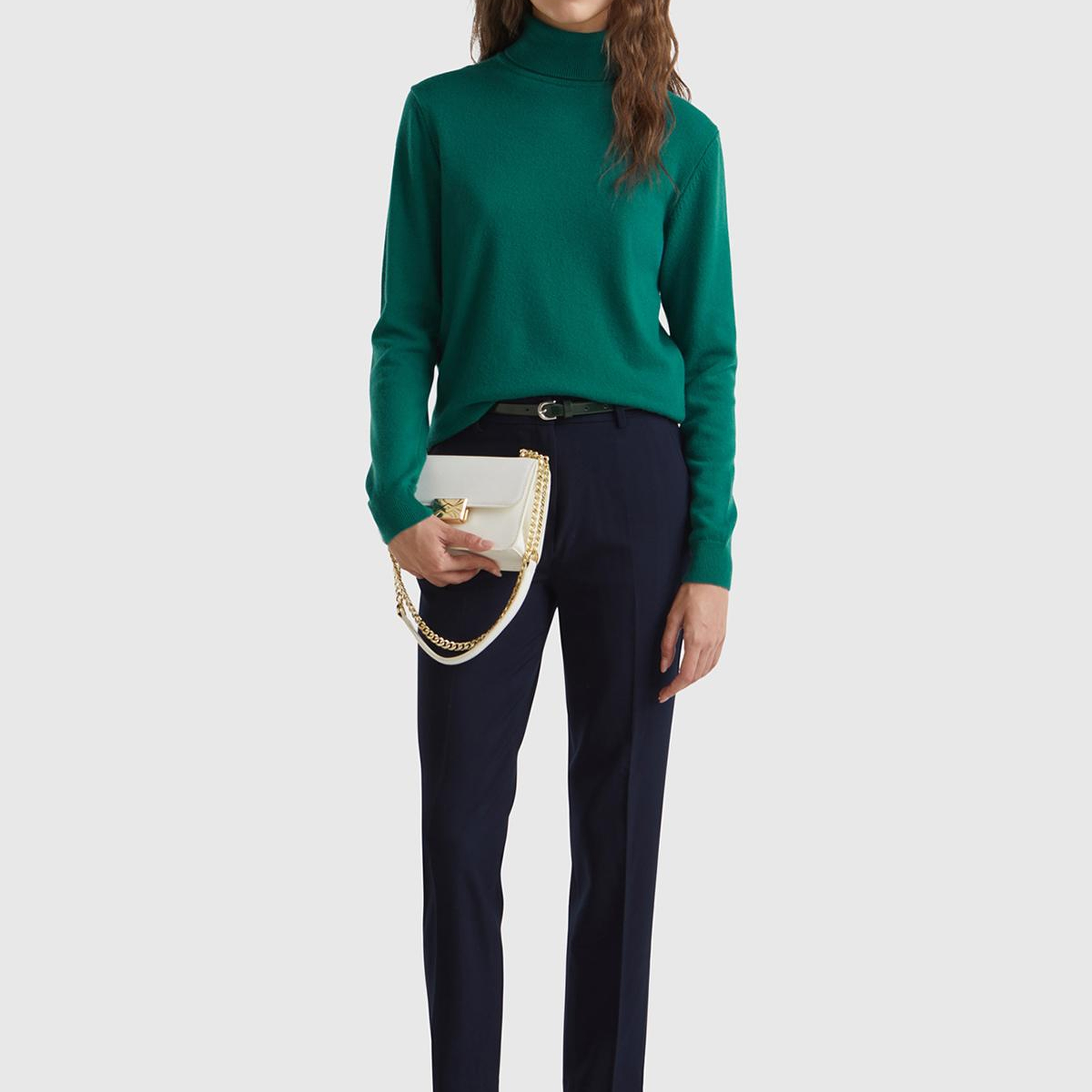 Kadın Koyu Yeşil Dik Yaka %100 Merino Kazak