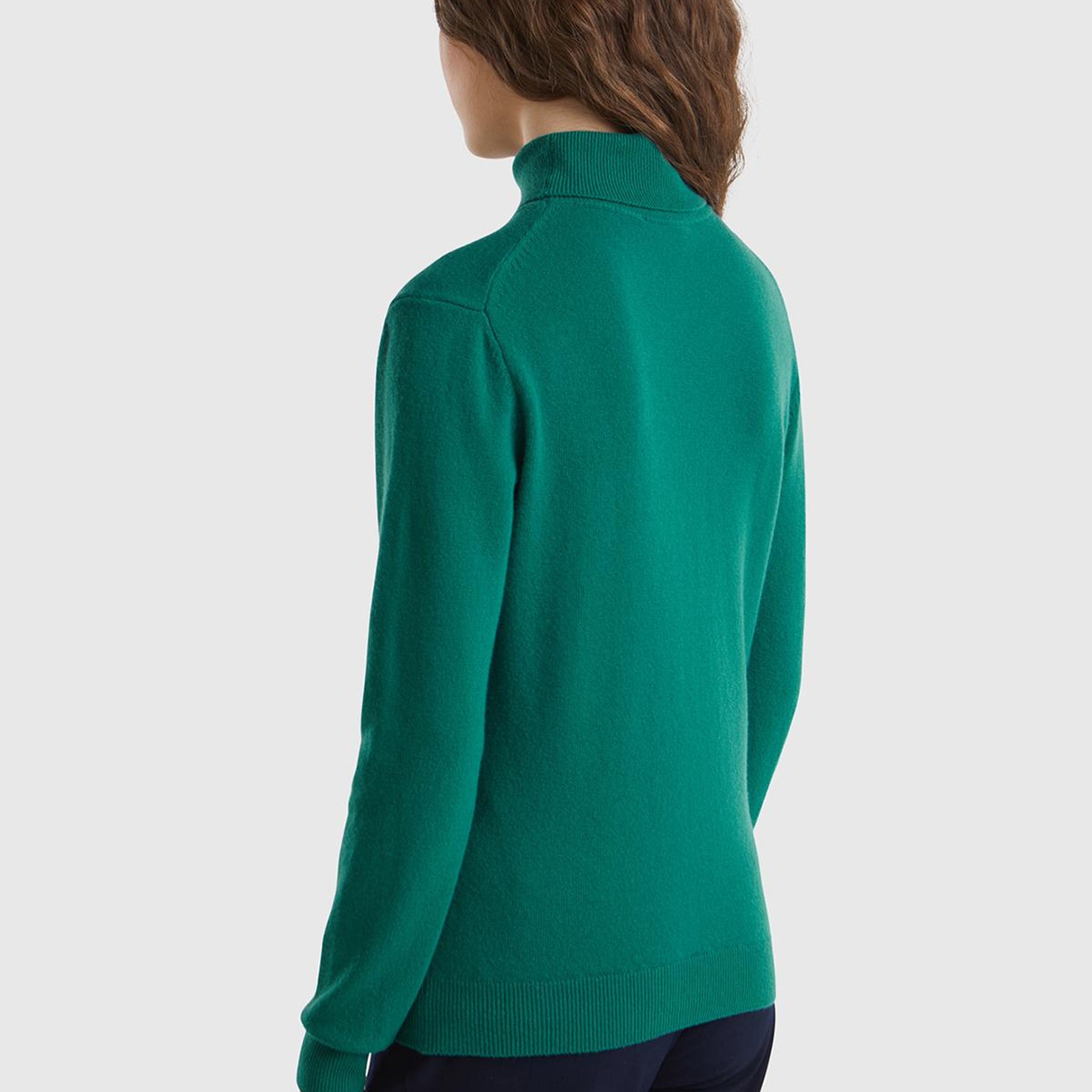 Kadın Koyu Yeşil Dik Yaka %100 Merino Kazak