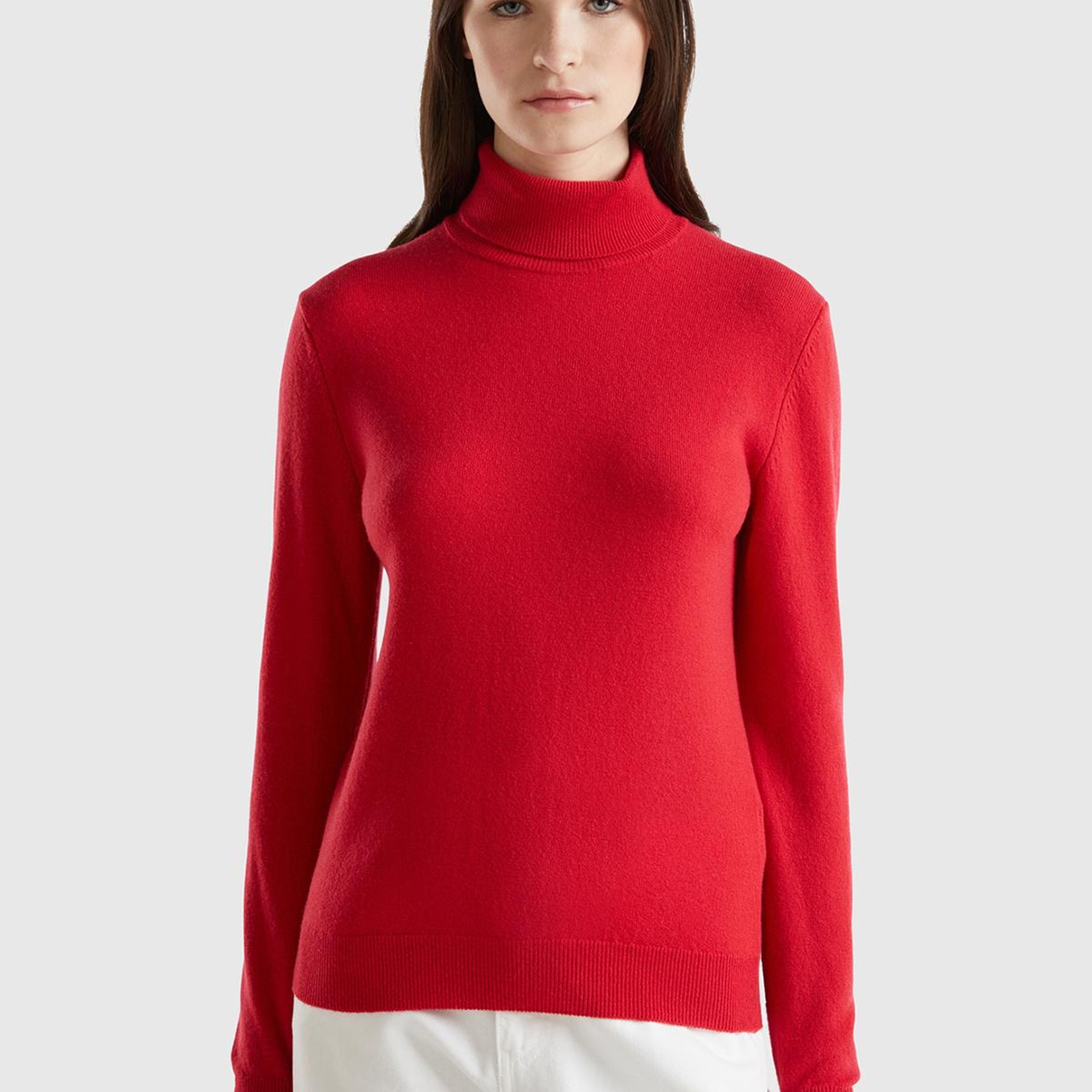 Kadın Kırmızı Dik Yaka %100 Merino Kazak