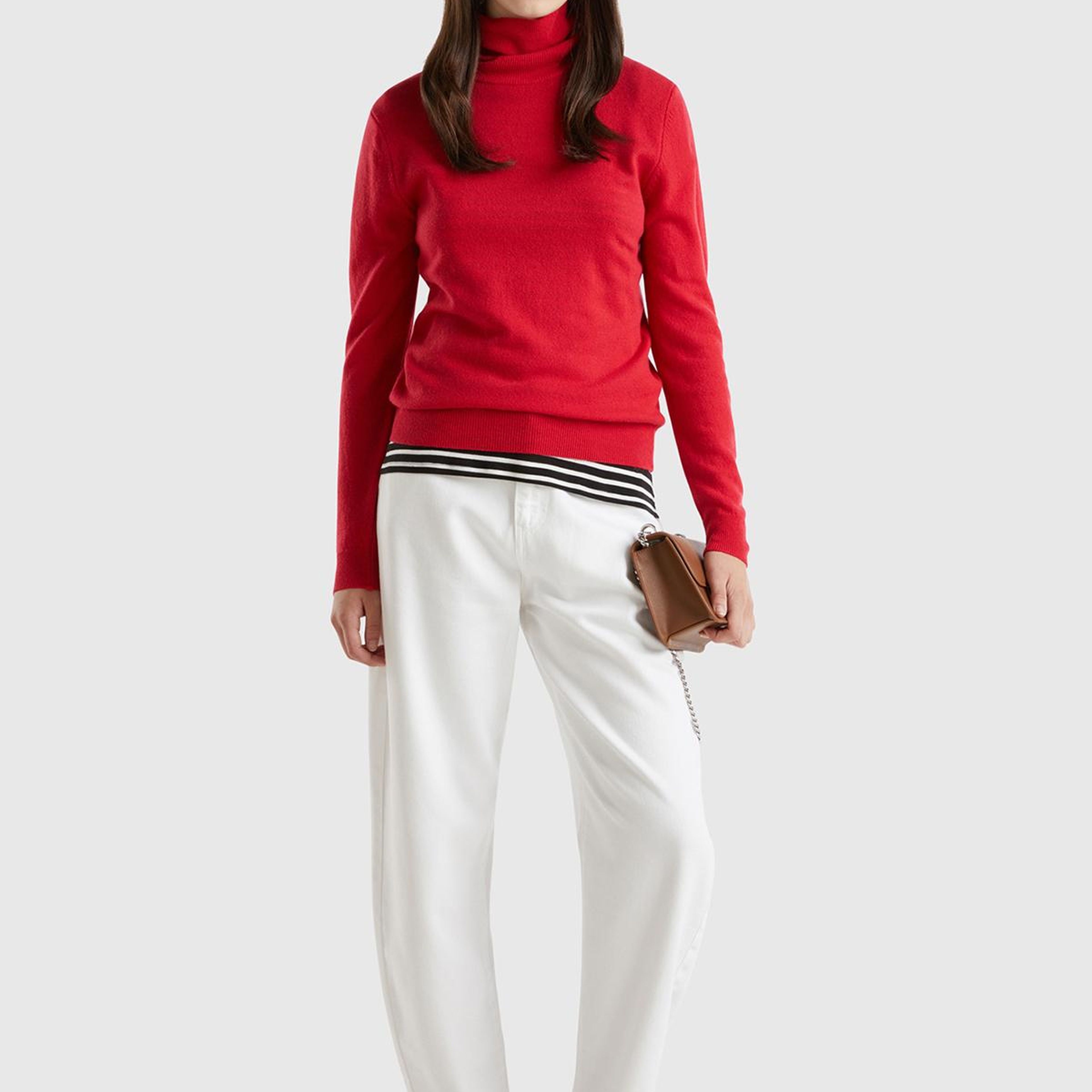 Kadın Kırmızı Dik Yaka %100 Merino Kazak